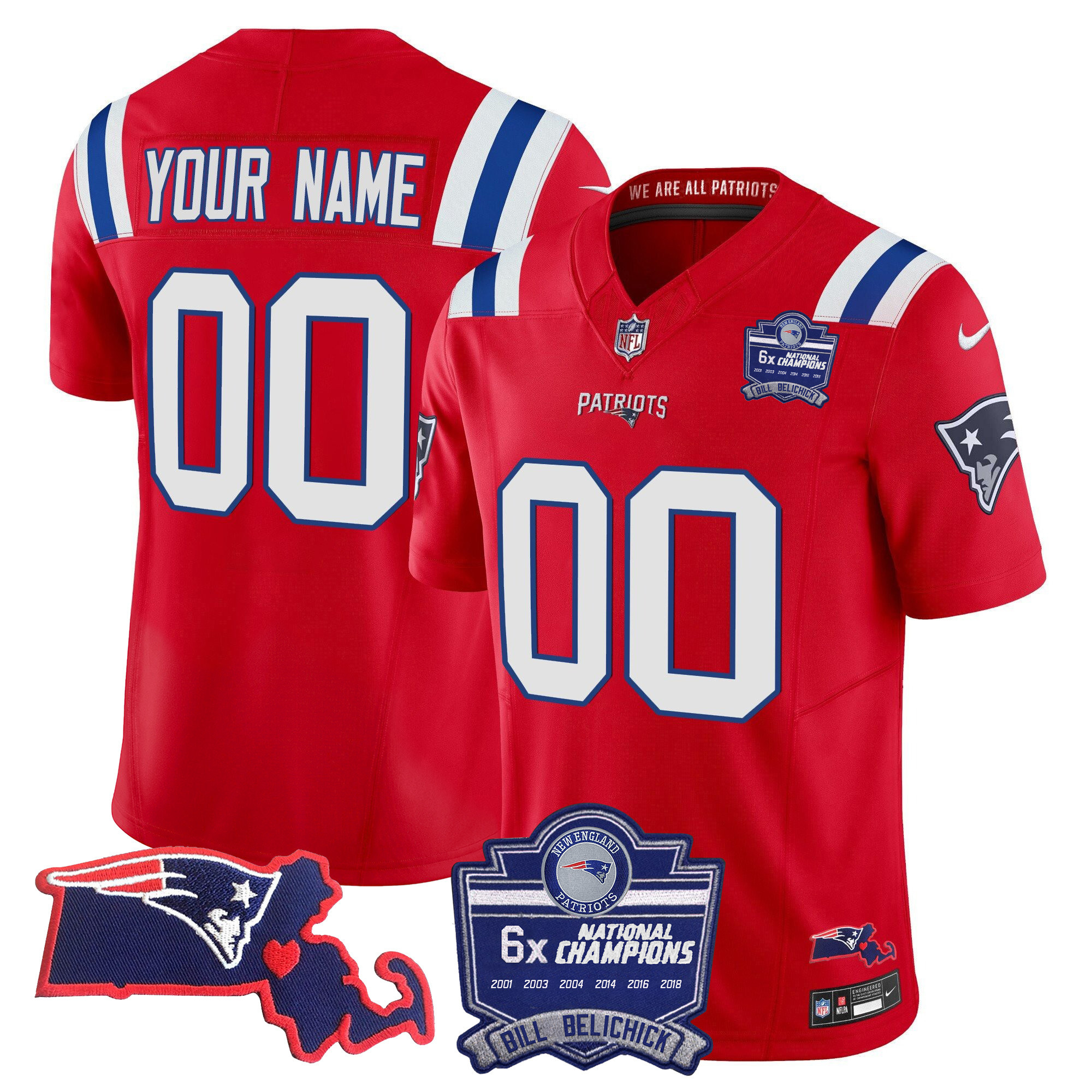 New England Patriots Bill Belichick 6x Champions Patch Vapor Custom Red Jersey - All Stitched 