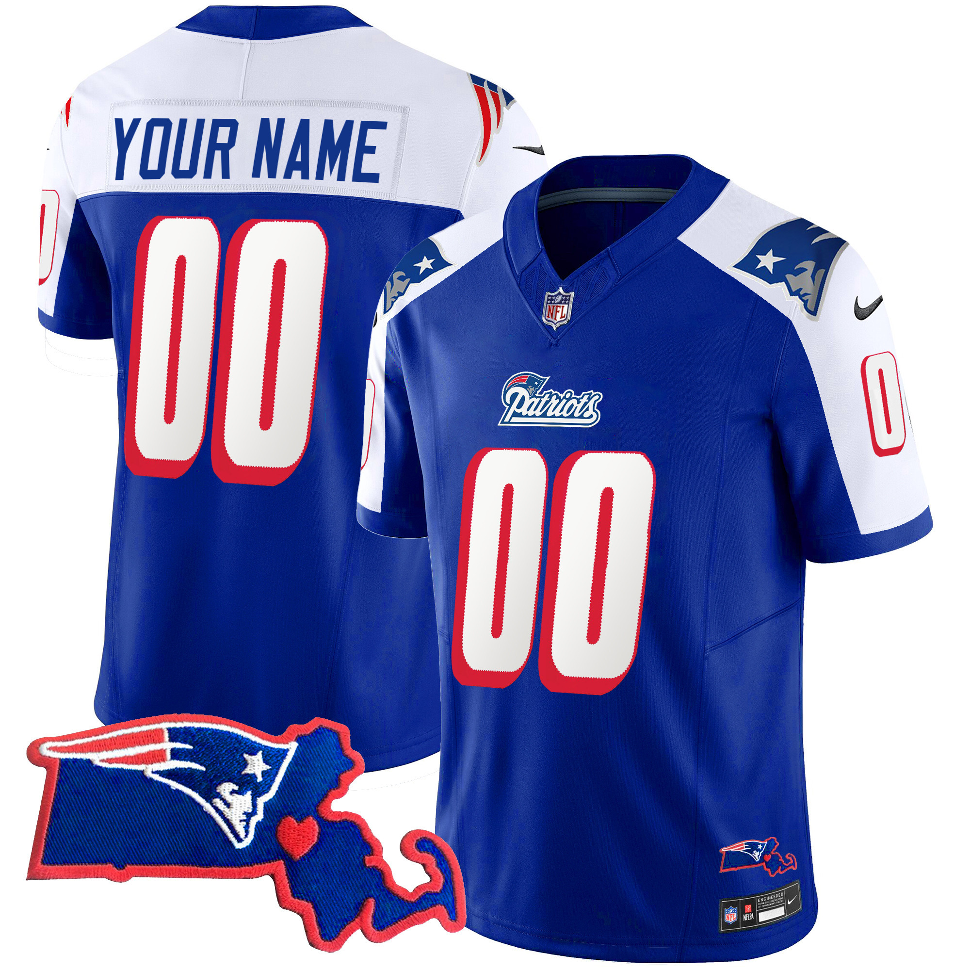 New England Patriots Massachusetts Patch Vapor Custom 1996 Alternate Jersey - All Stitched 