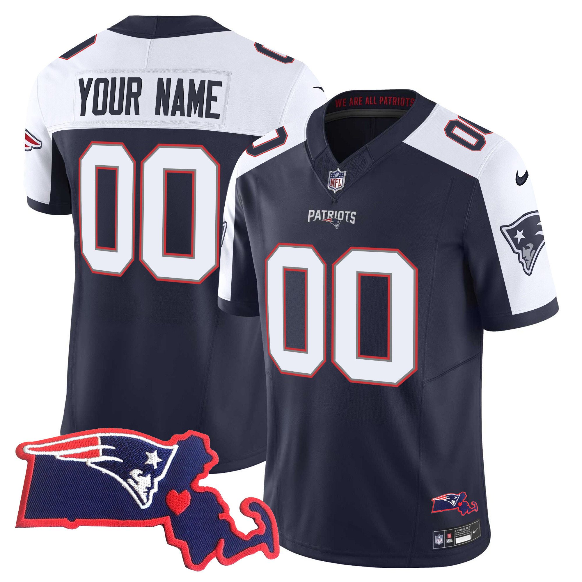 New England Patriots Massachusetts Patch Vapor Custom Alternate Jersey - All Stitched 