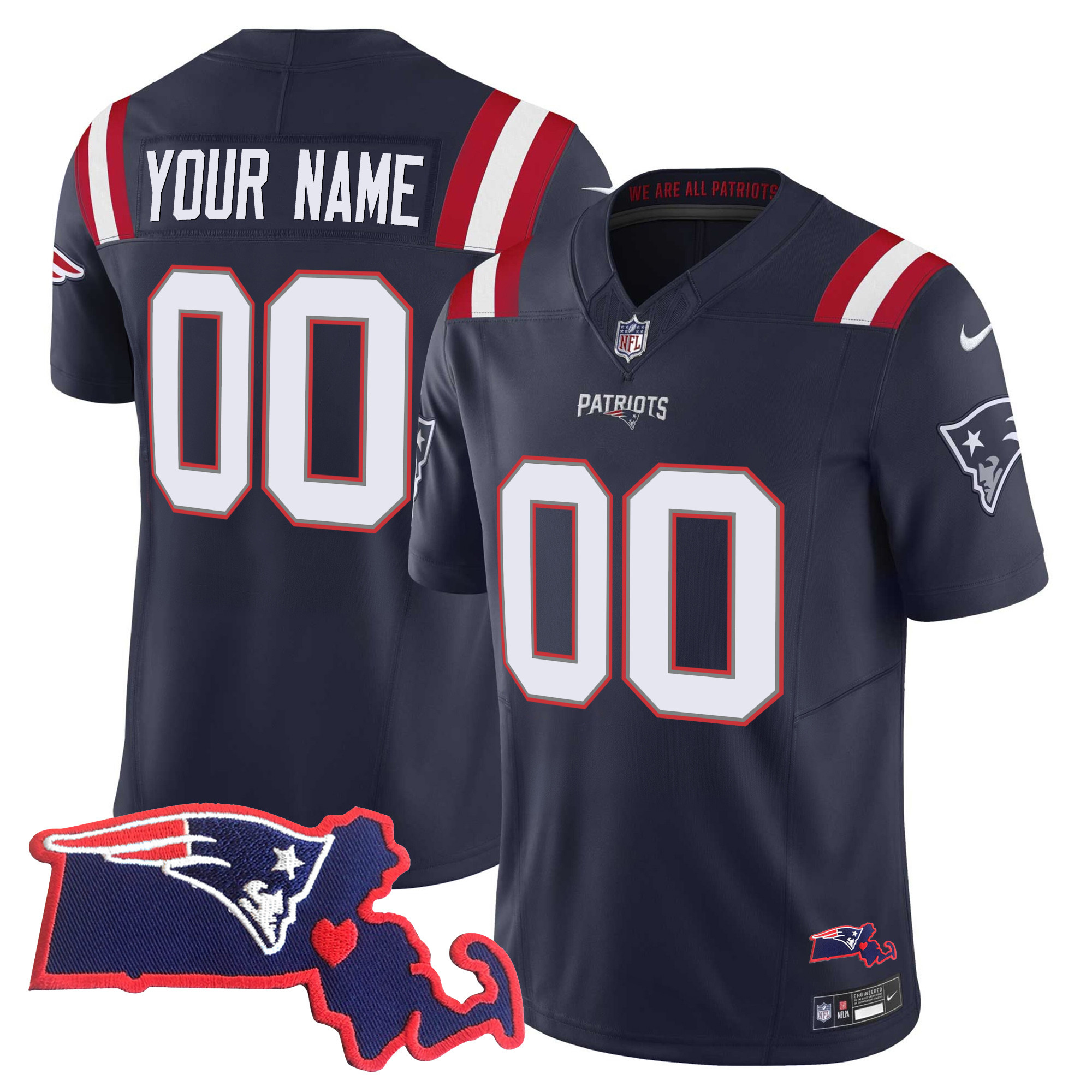 New England Patriots Massachusetts Patch Vapor Custom Navy Jersey - All Stitched 