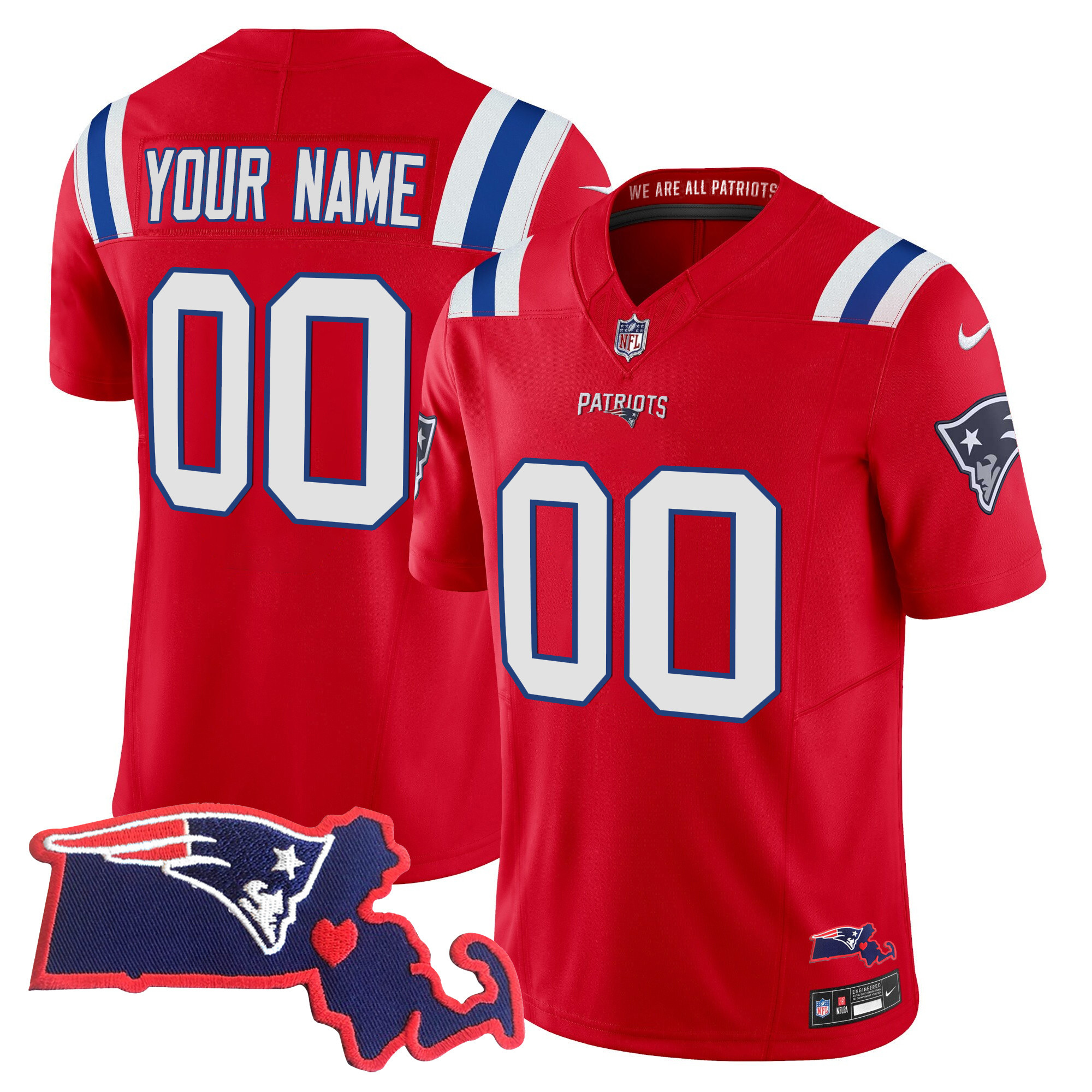 New England Patriots Massachusetts Patch Vapor Custom Red Jersey - All Stitched 