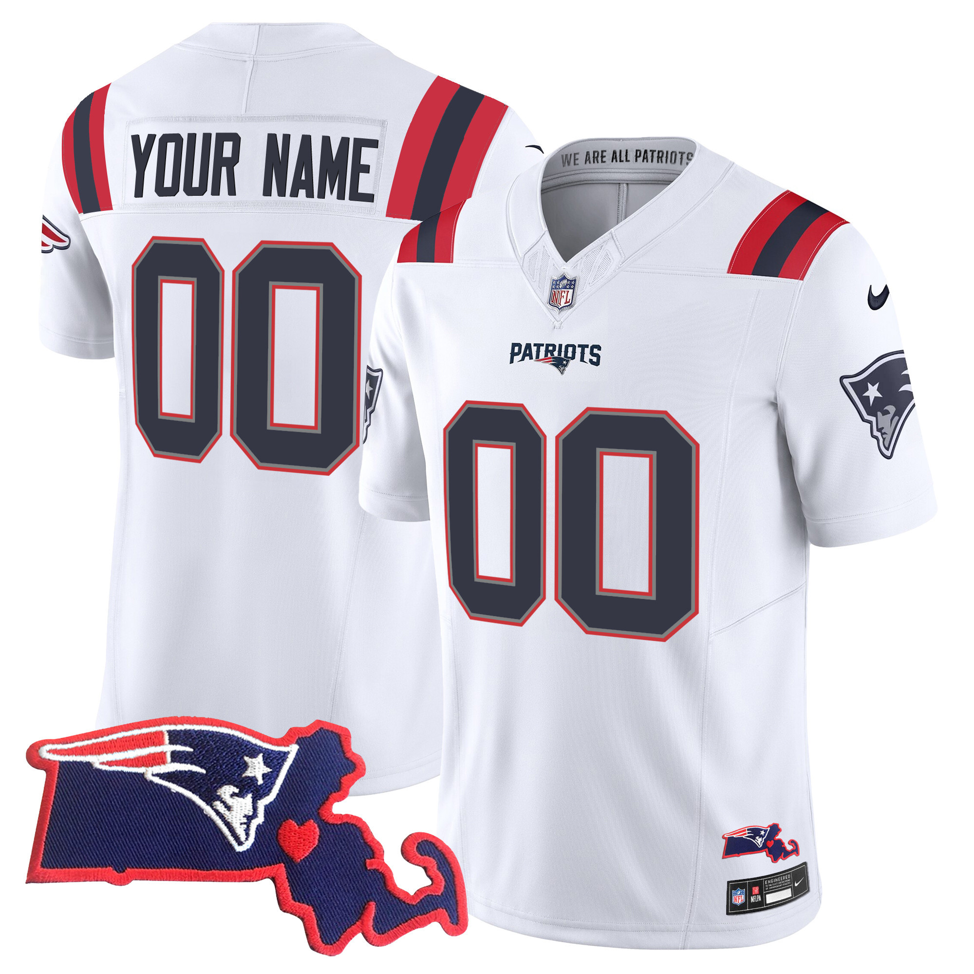 New England Patriots Massachusetts Patch Vapor Custom White Jersey - All Stitched 