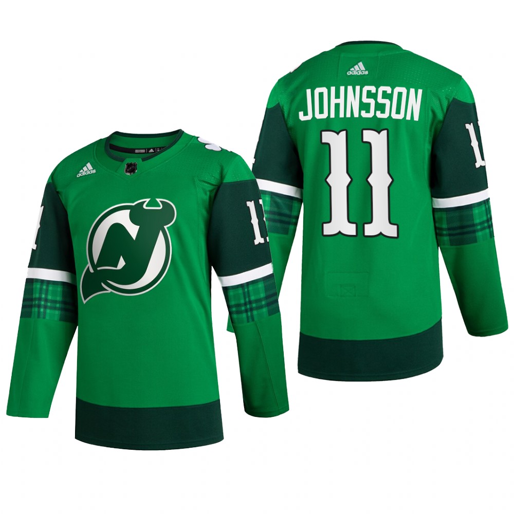 New Jersey Devils Andreas Johnsson #11 St Patricks Day 2022 Green Jersey Warm-Up