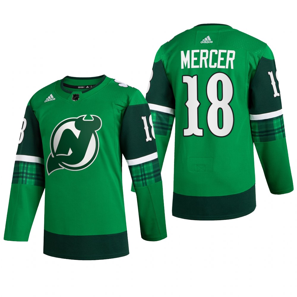 New Jersey Devils Dawson Mercer #18 St Patricks Day 2022 Green Jersey Warm-Up