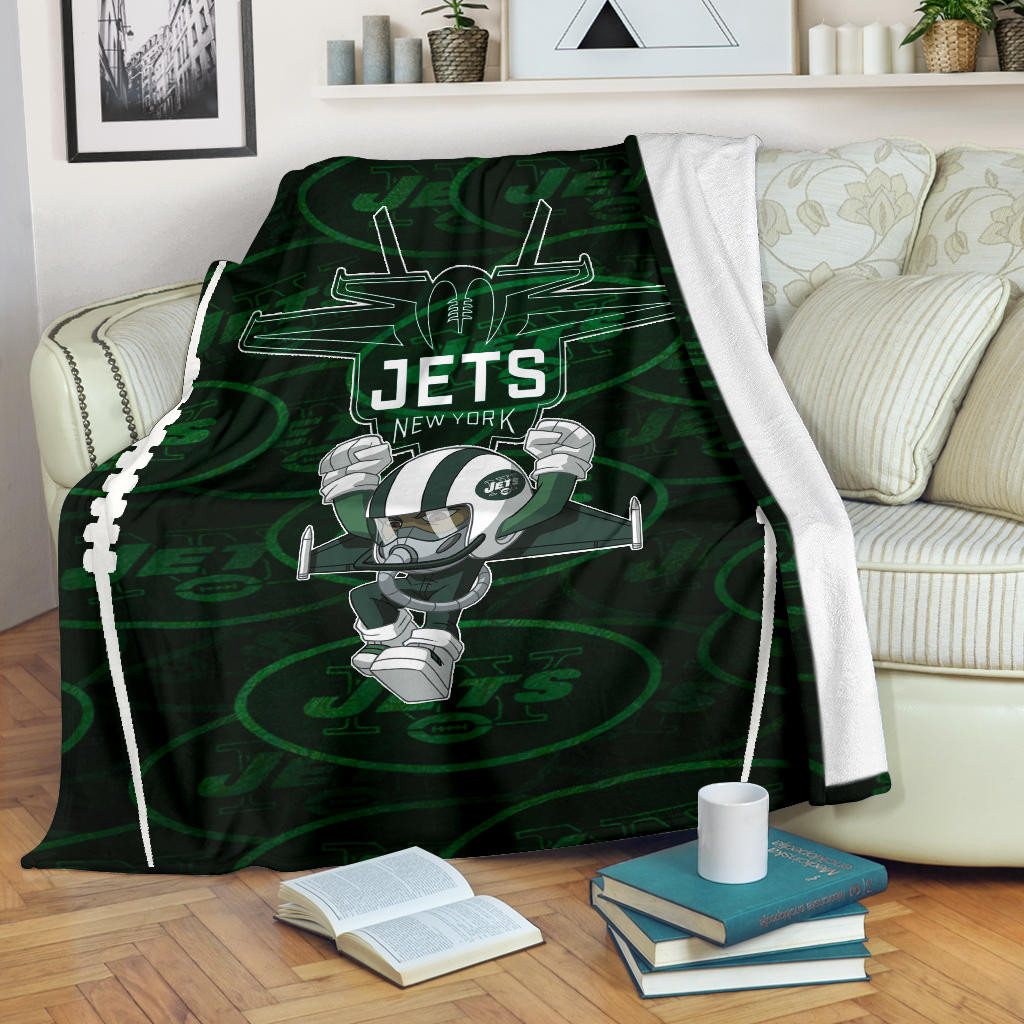 New York American Football Jets Rush Artwork Jumping Dark Green Fleece Blankets