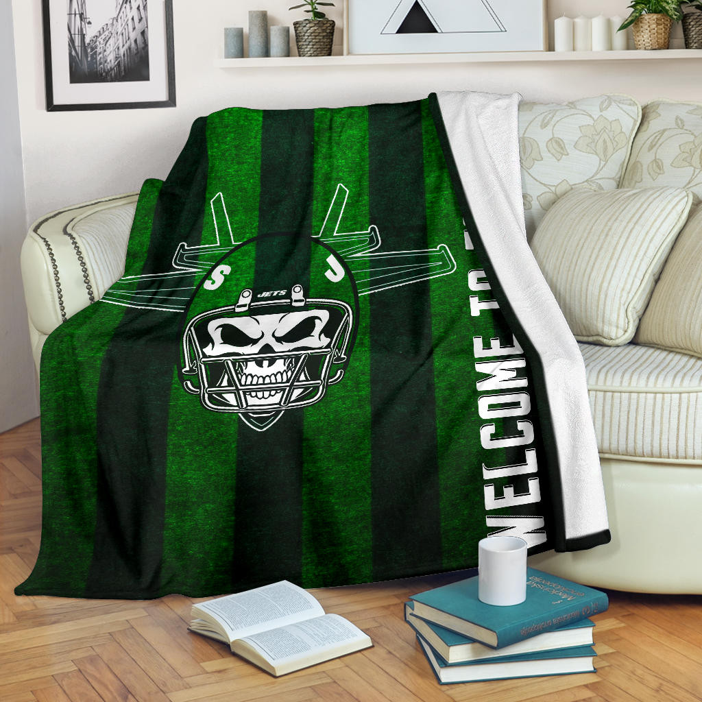 New York American Football Jets Skull Wearing Helmet Welcome To The Game Fleece Blankets