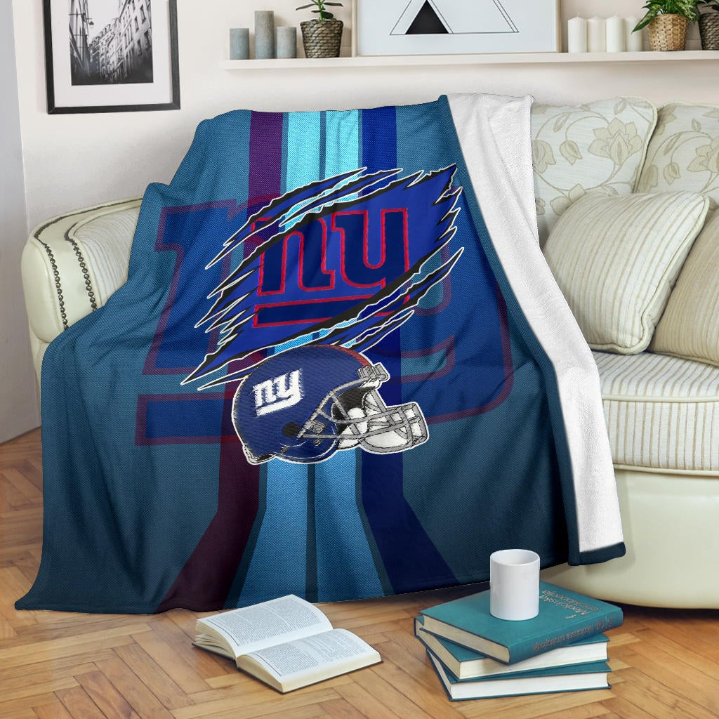 New York Giants American Football Team Fleece Blanket Claw Scratches Reveal NY Text Blue Helmet Fleece Blankets
