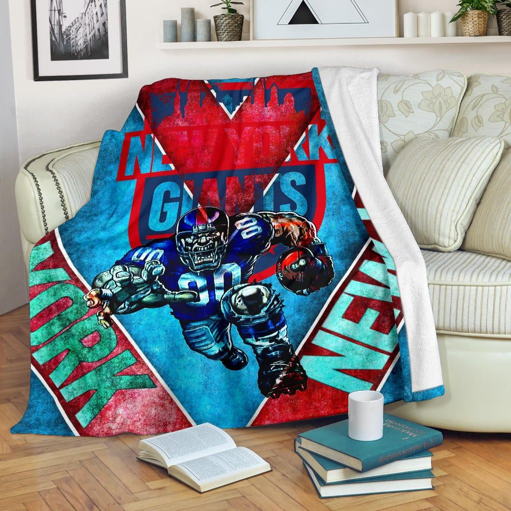 New York Giants American Football Team Fleece Blanket Muscle Player Holding Rugby And Running Fleece Blankets