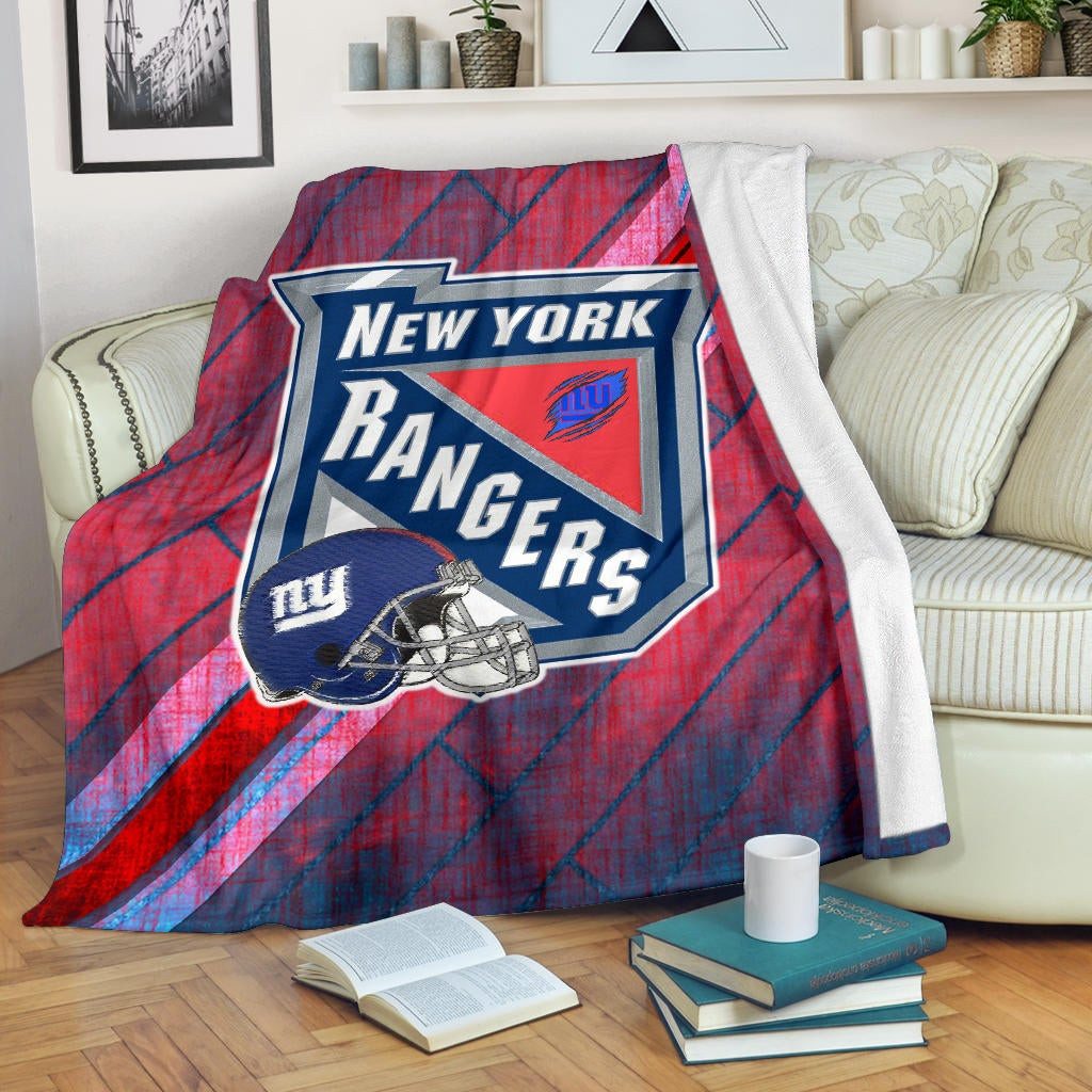New York Giants American Football Team Fleece Blanket NY Rangers Helmet Blue Red Background Fleece Blankets
