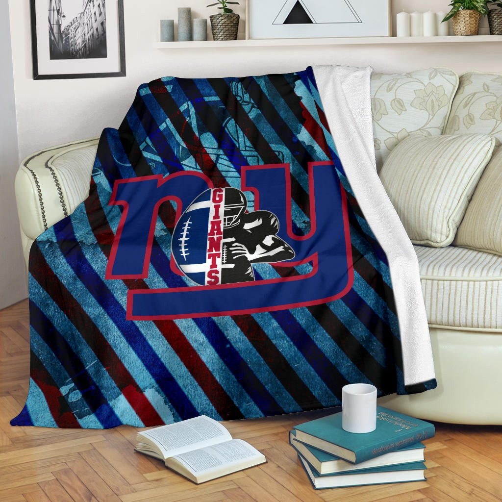 New York Giants American Football Team Fleece Blanket Player Silhouette With Giant Rugby Ball Helmet Fleece Blankets