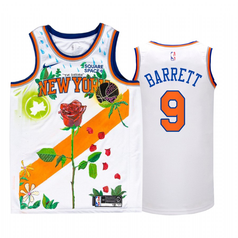 New York Knicks RJ Barrett Garden of Dreams White Jersey #9 Rose Art