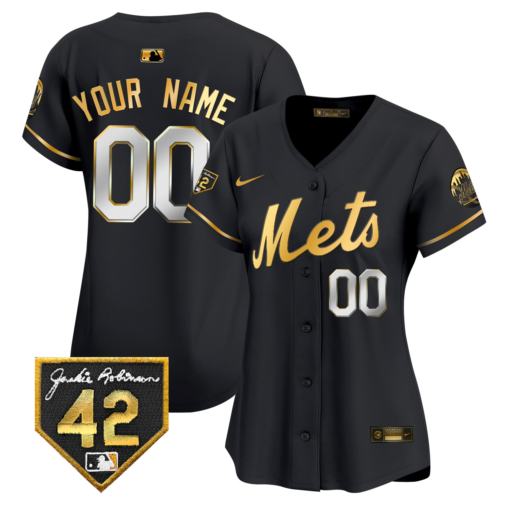 New York Mets 2024 Jackie Robinson Patch Vapor Premier Limited Custom Black Gold Jersey - All Stitched