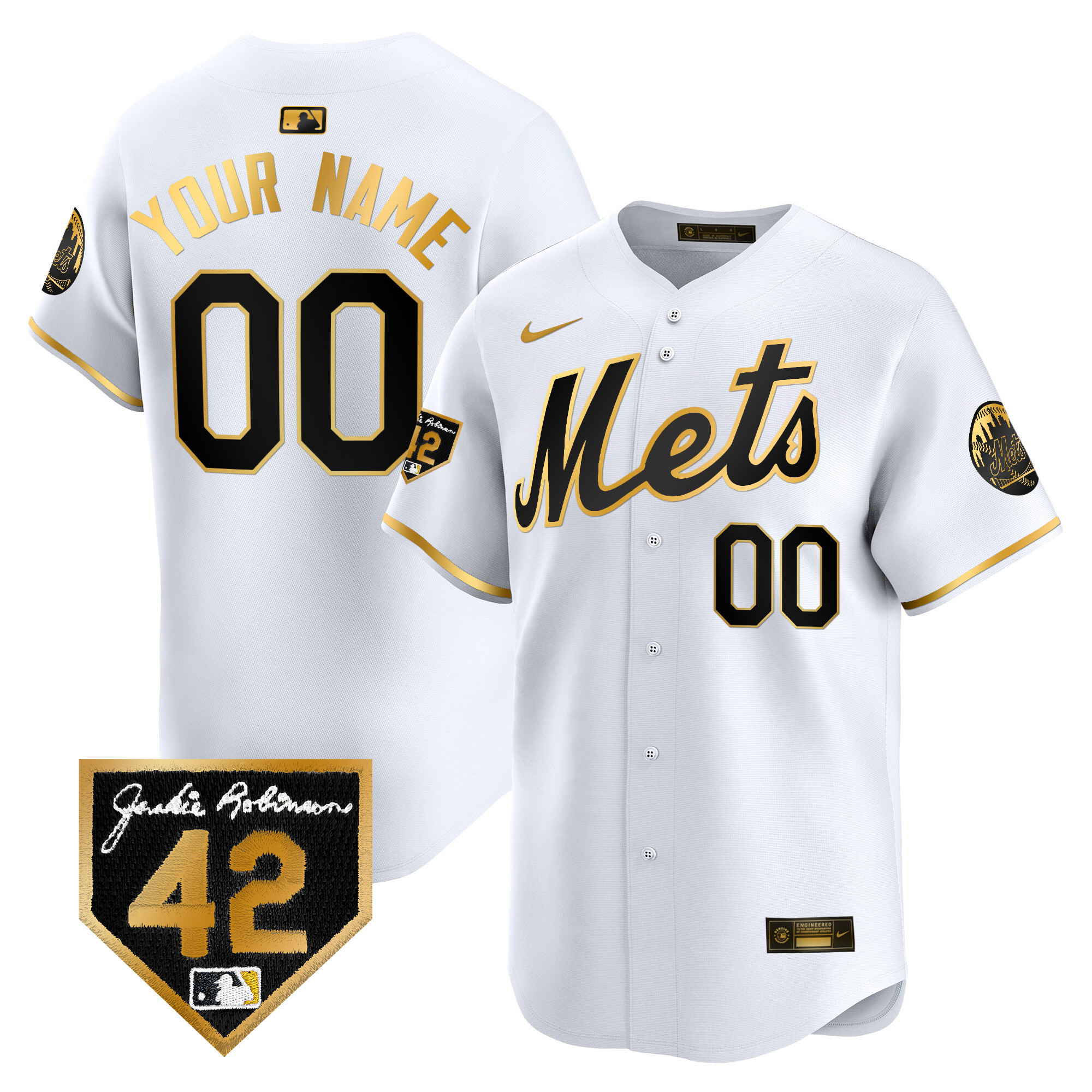 New York Mets 2024 Jackie Robinson Patch Vapor Premier Limited Custom White Gold Jersey - All Stitched