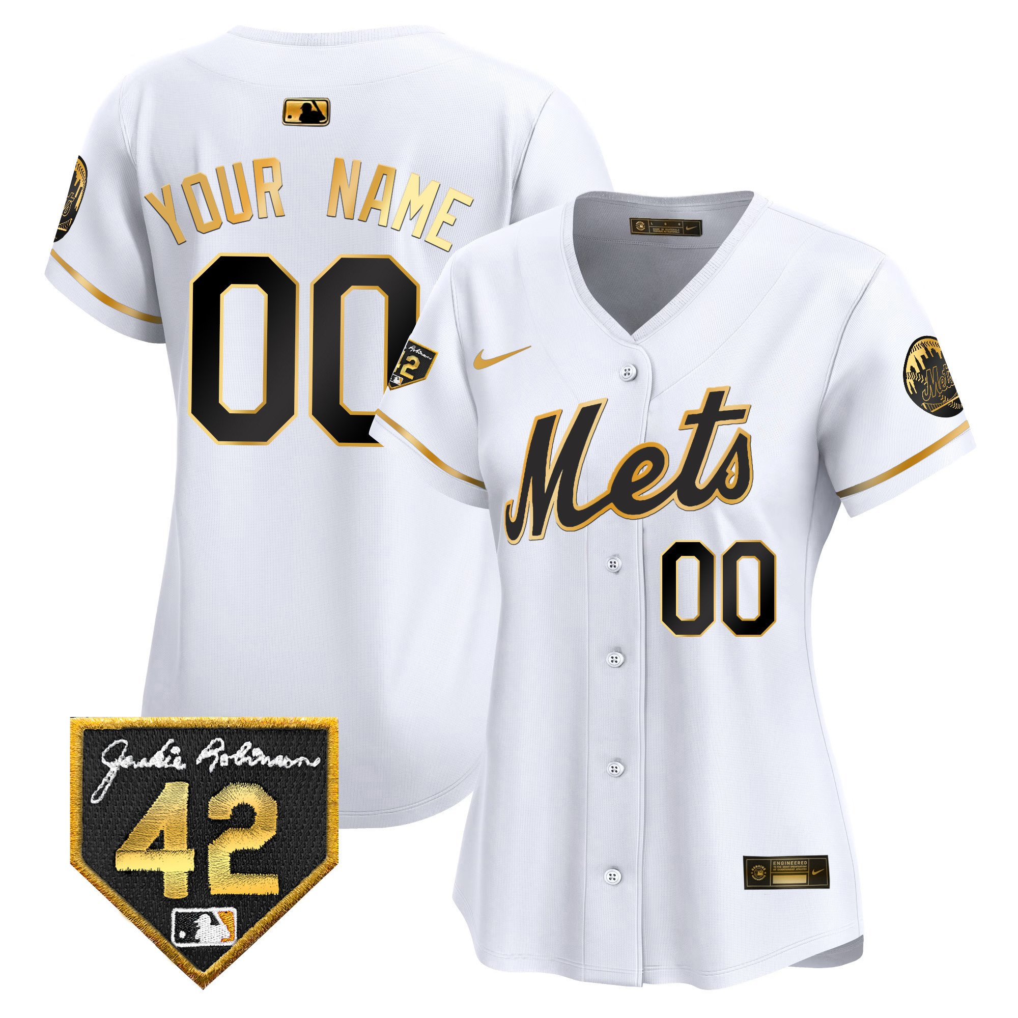 New York Mets 2024 Jackie Robinson Patch Vapor Premier Limited Custom White Gold Jersey - All Stitched