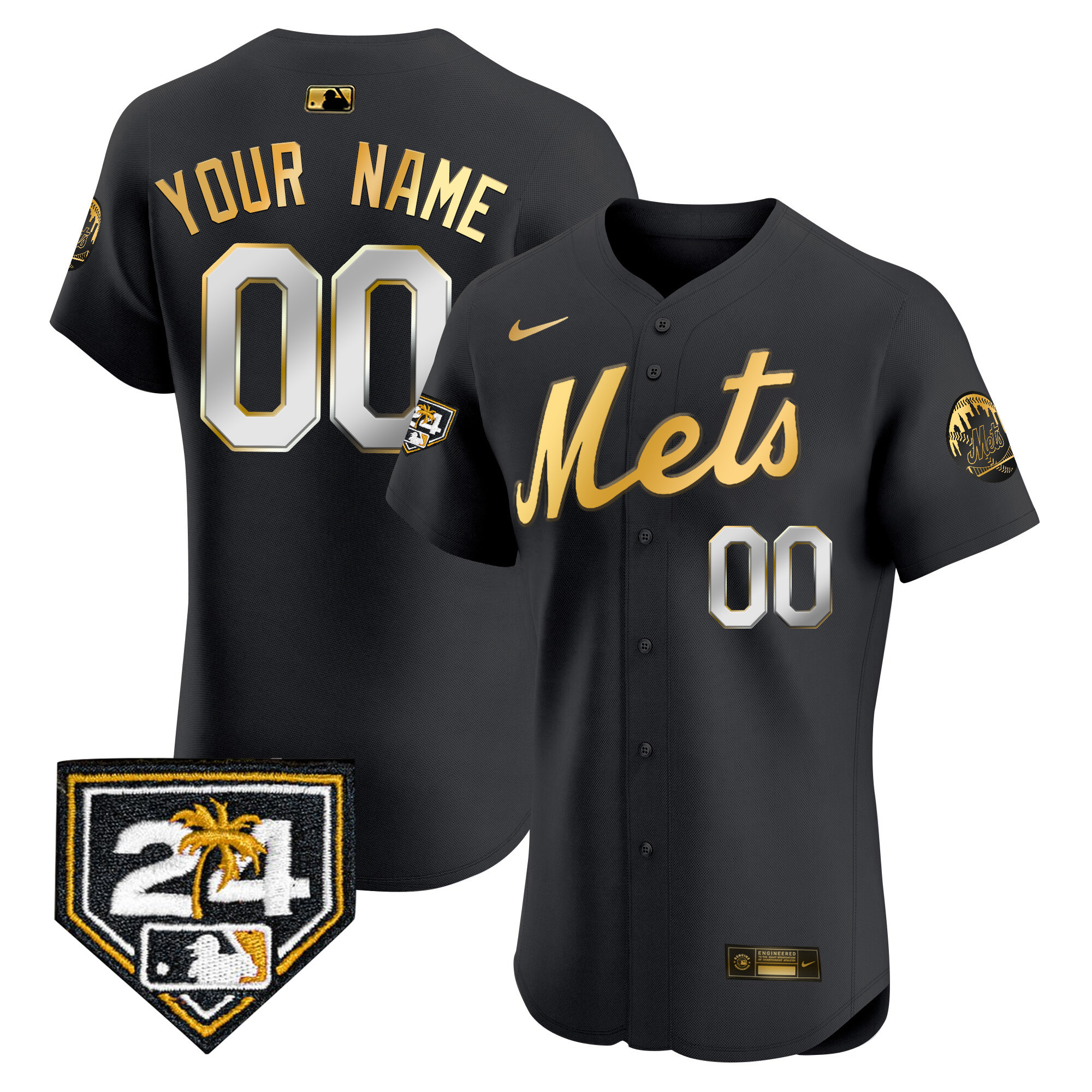 New York Mets 2024 Spring Training Vapor Premier Elite Custom V2 Black Gold Jersey - All Stitched
