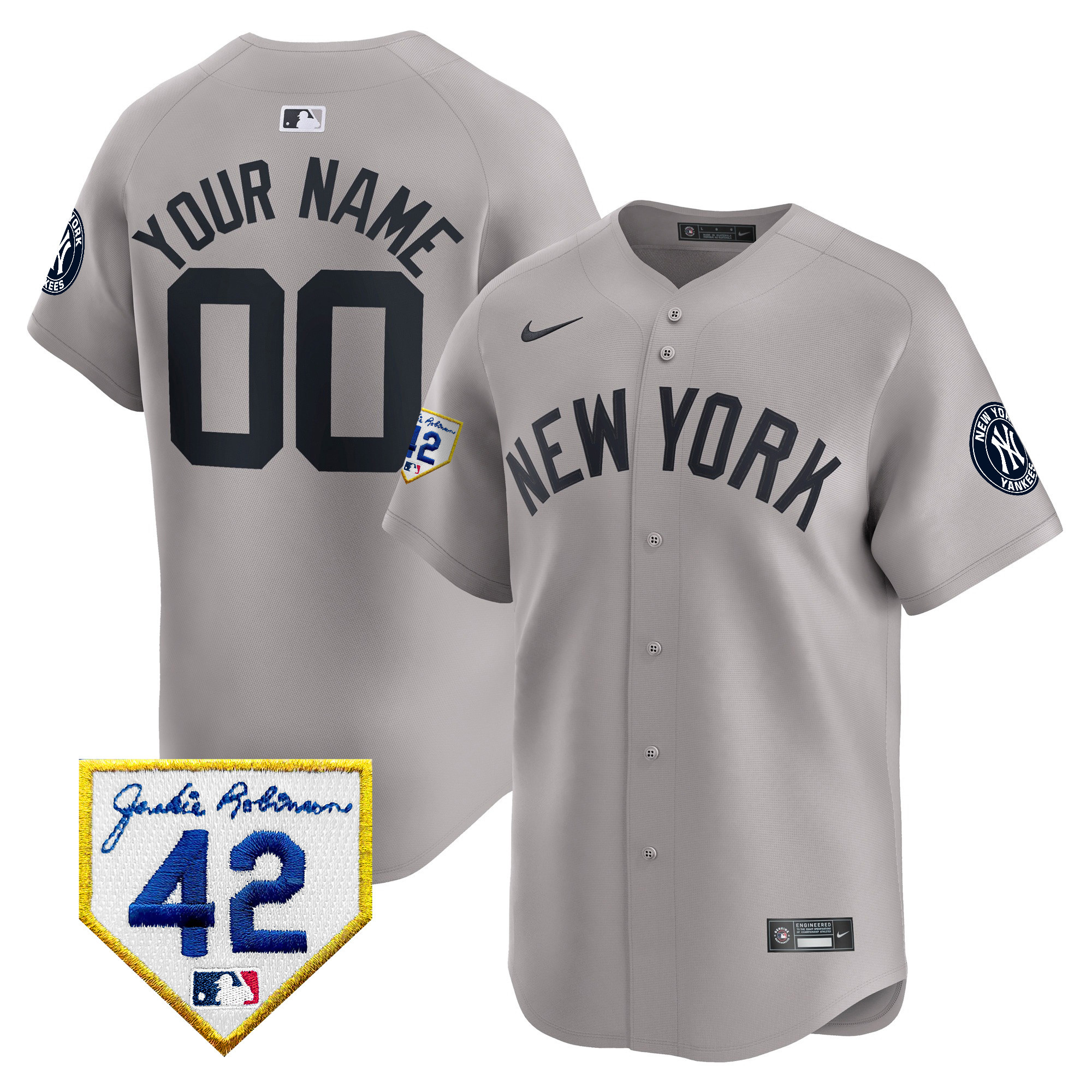 New York Yankees 2024 Jackie Robinson Patch Vapor Premier Limited Custom Gray Jersey - All Stitched