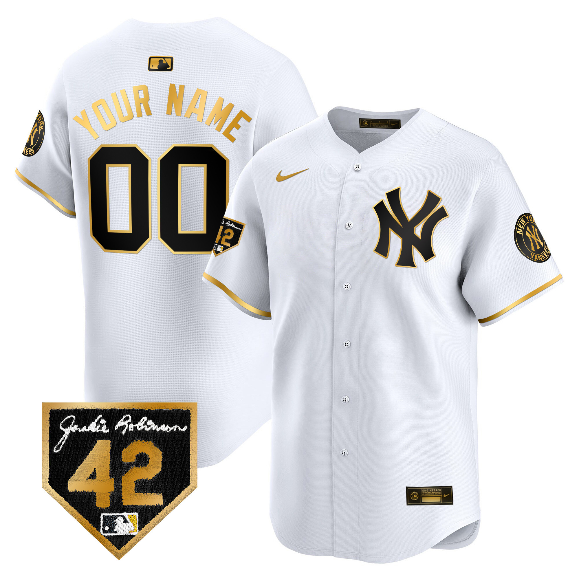 New York Yankees 2024 Jackie Robinson Patch Vapor Premier Limited Custom White Gold Jersey - All Stitched