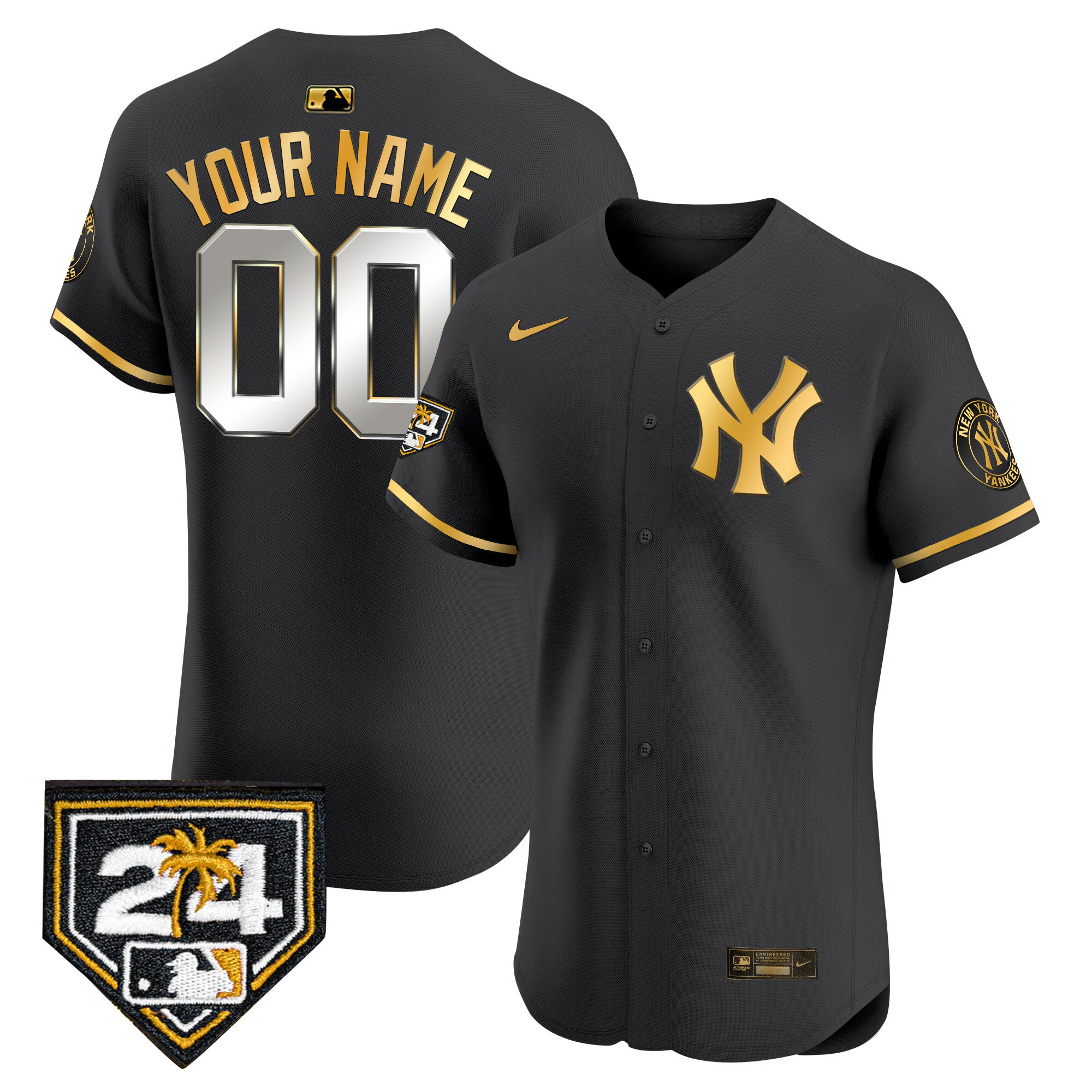 New York Yankees 2024 Spring Training Patch Vapor Premier Elite Custom V2 Black Gold Jersey - All Stitched