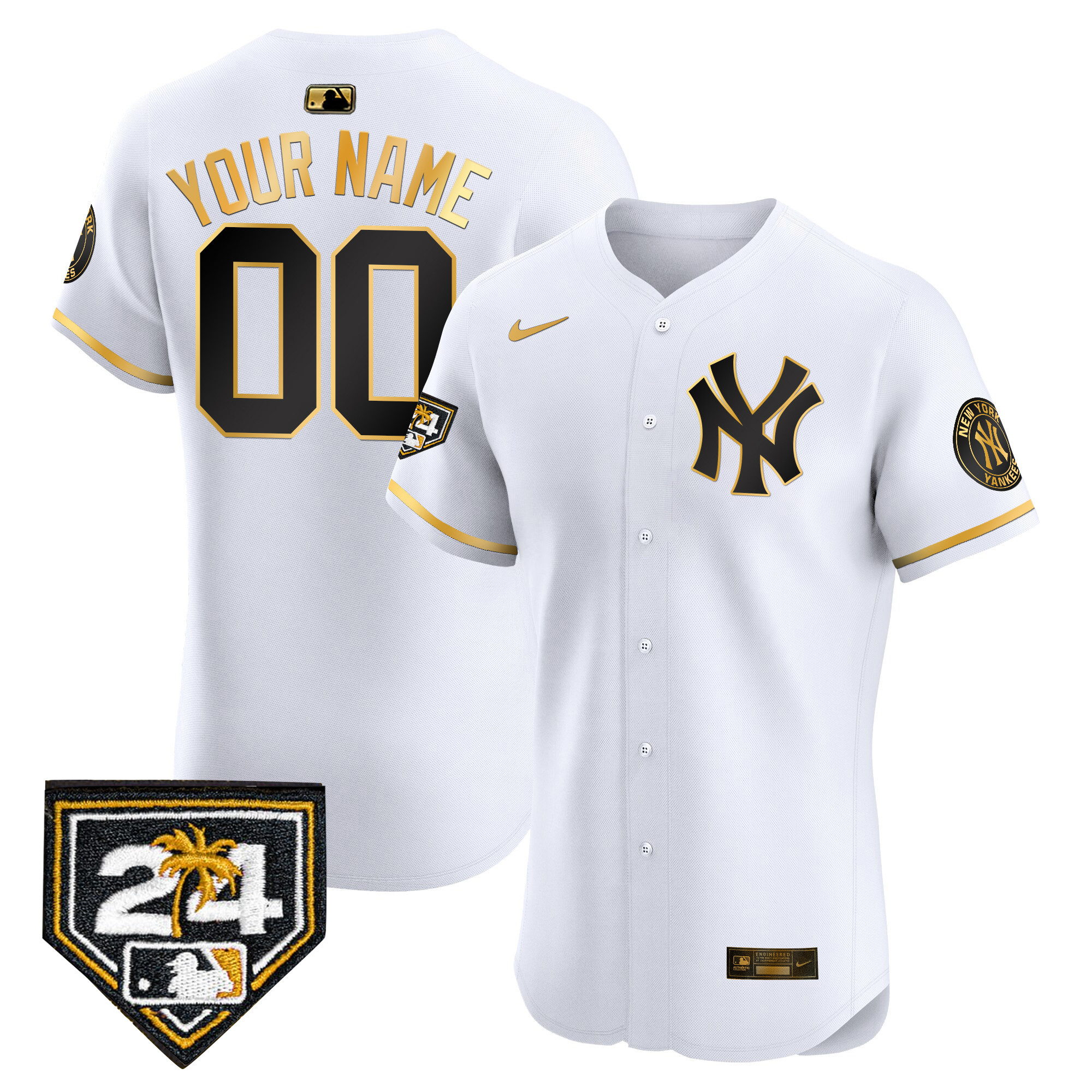 New York Yankees 2024 Spring Training Patch Vapor Premier Elite Custom V2 White Gold Jersey - All Stitched