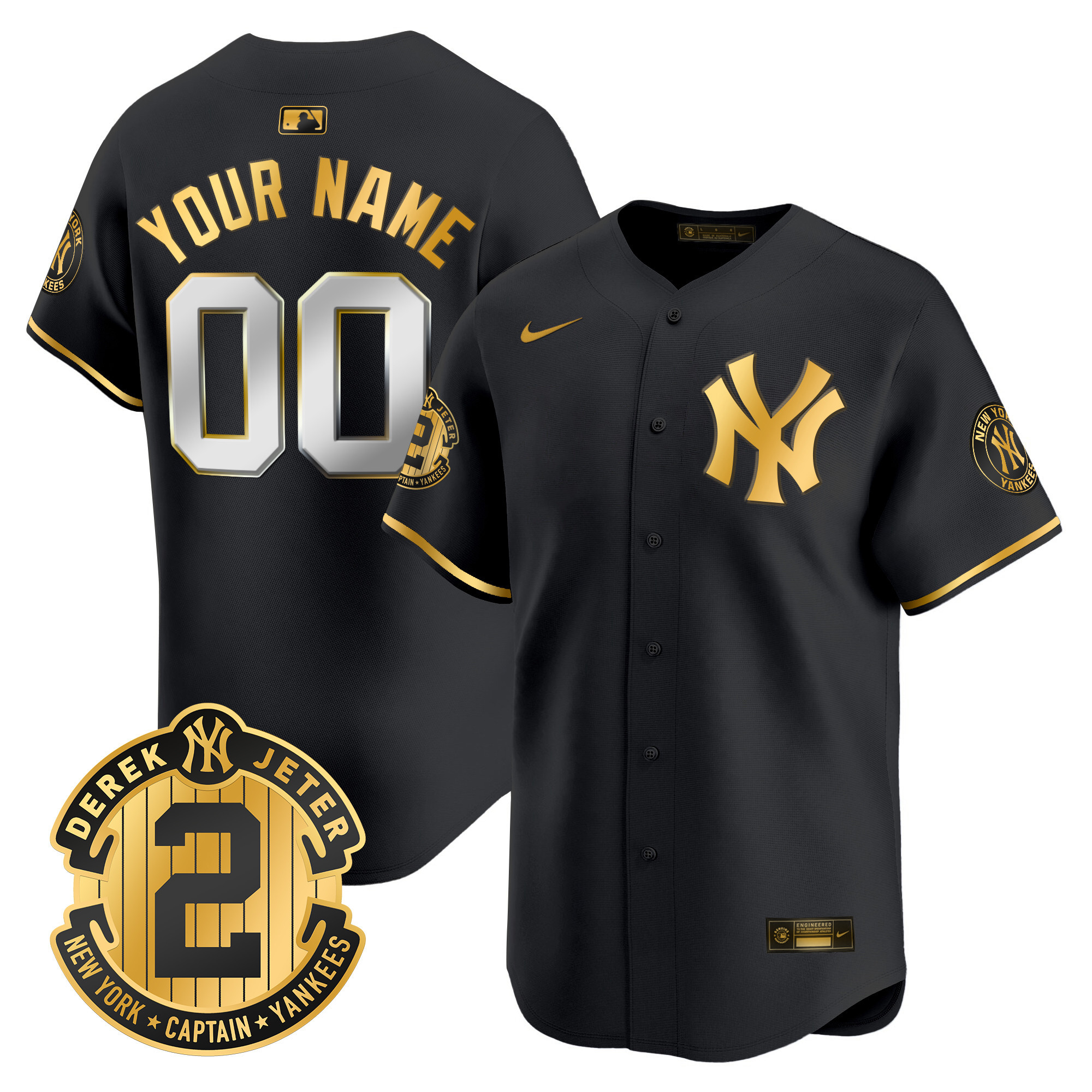 New York Yankees Derek Jeter Patch Vapor Premier Limited Custom Black Gold Jersey - All Stitched