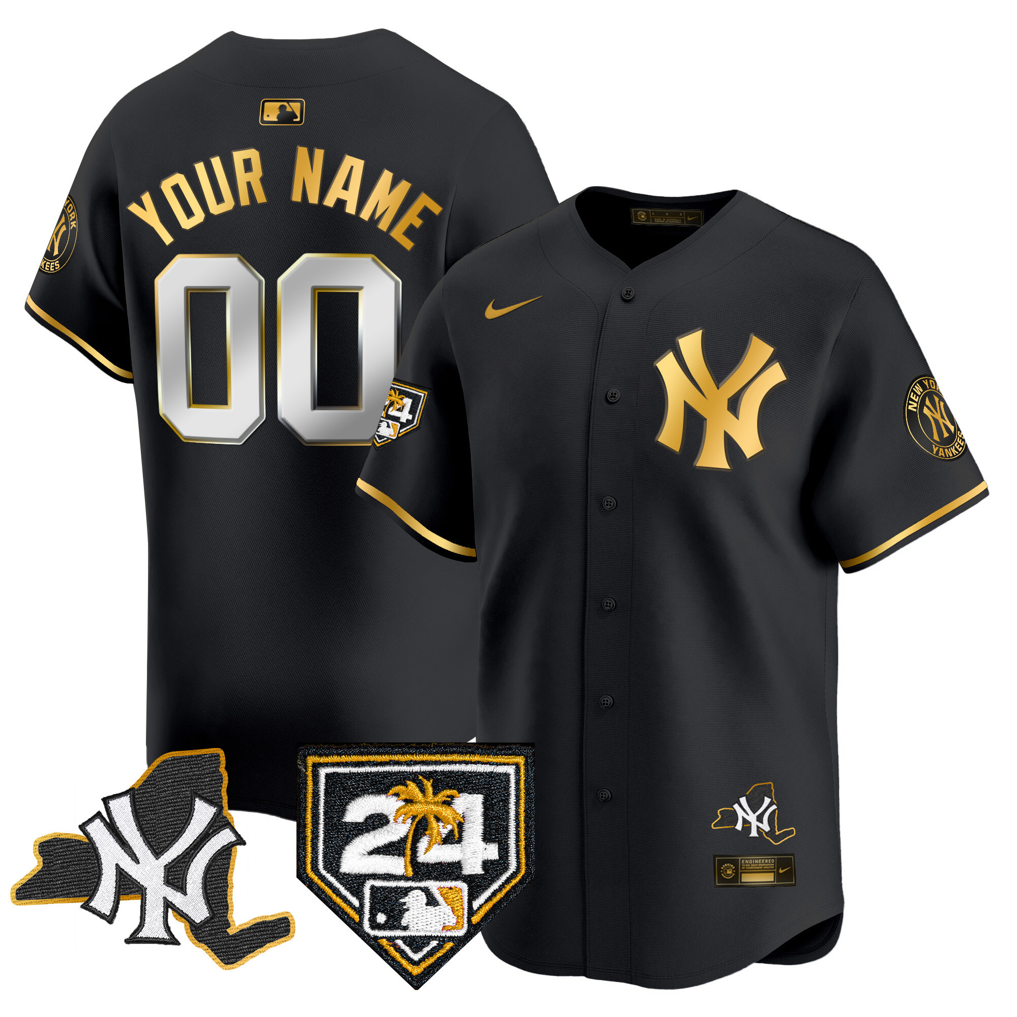 New York Yankees Vapor Premier Limited Custom - New York Patch Black Gold Jersey - All Stitched