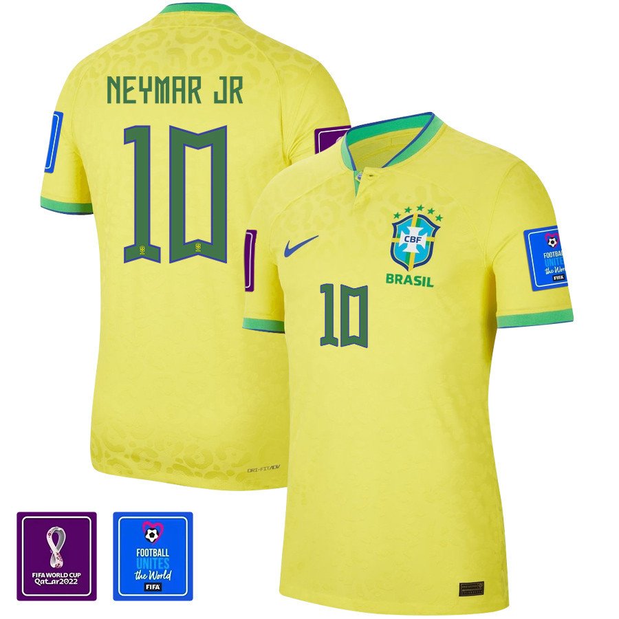 Neymar Jr 10 Brazil National Team FIFA World Cup Qatar 2022 Patch Men Home Yellow Soccer Jersey