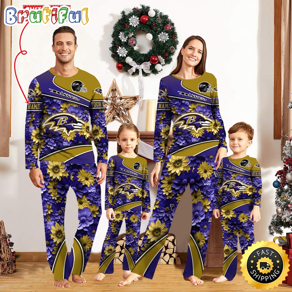NFL Baltimore Ravens Custom Pajamas Flower Sports For Family Custom Name Custom Pajamas