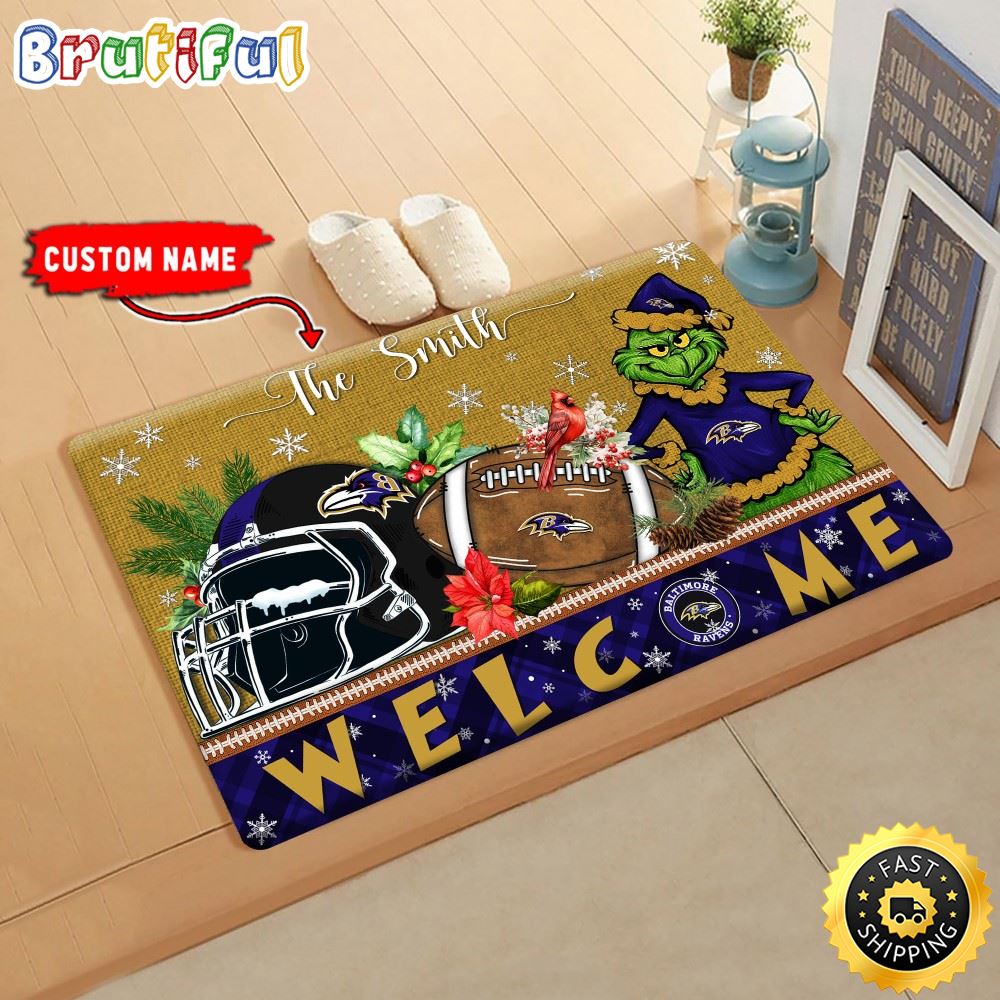 NFL Baltimore Ravens Doormat Grinch Christmas Welcome Custom Name Football Doormat