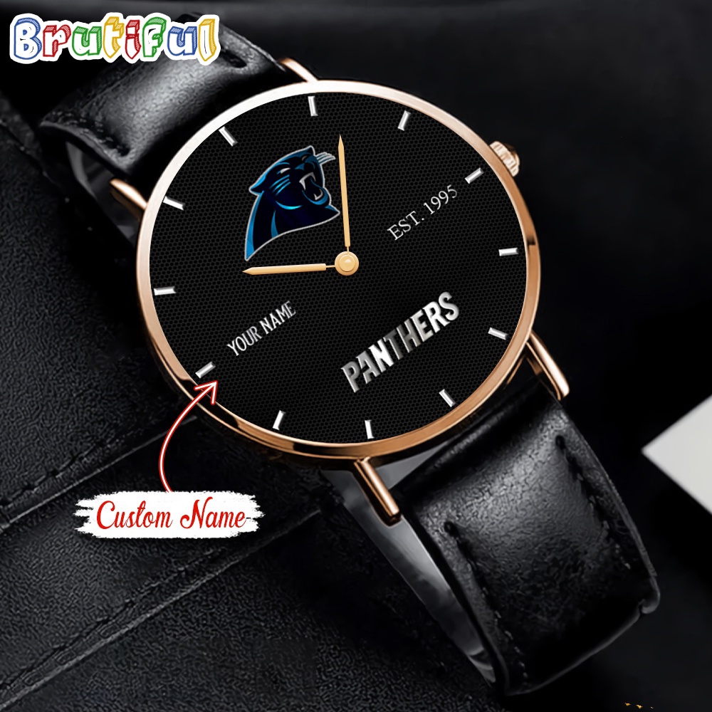 NFL Carolina Panthers Watch Custom Name Black Stitched Leather Watch
