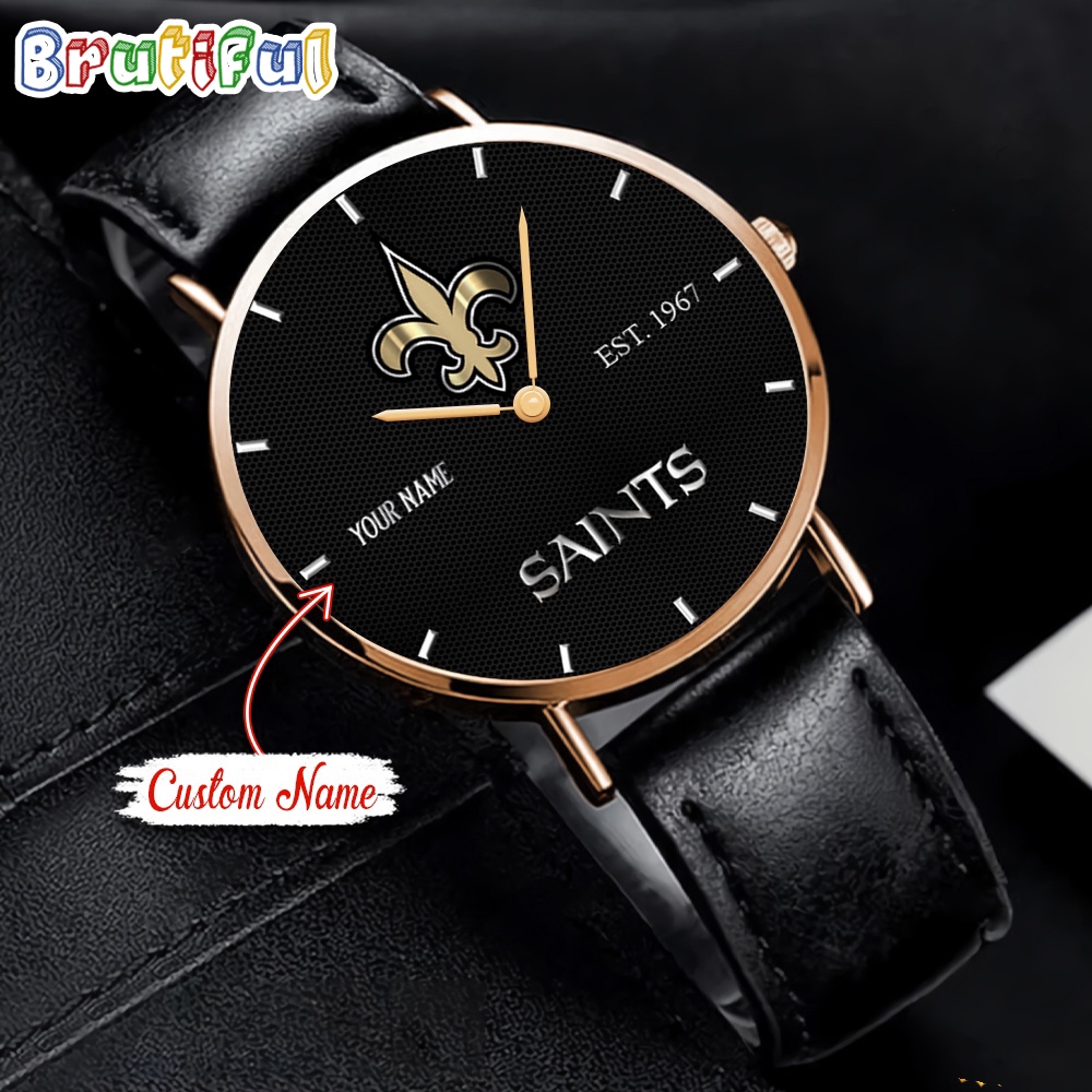 NFL New Orleans Saints Watch Custom Name Black Stitched Leather Watch