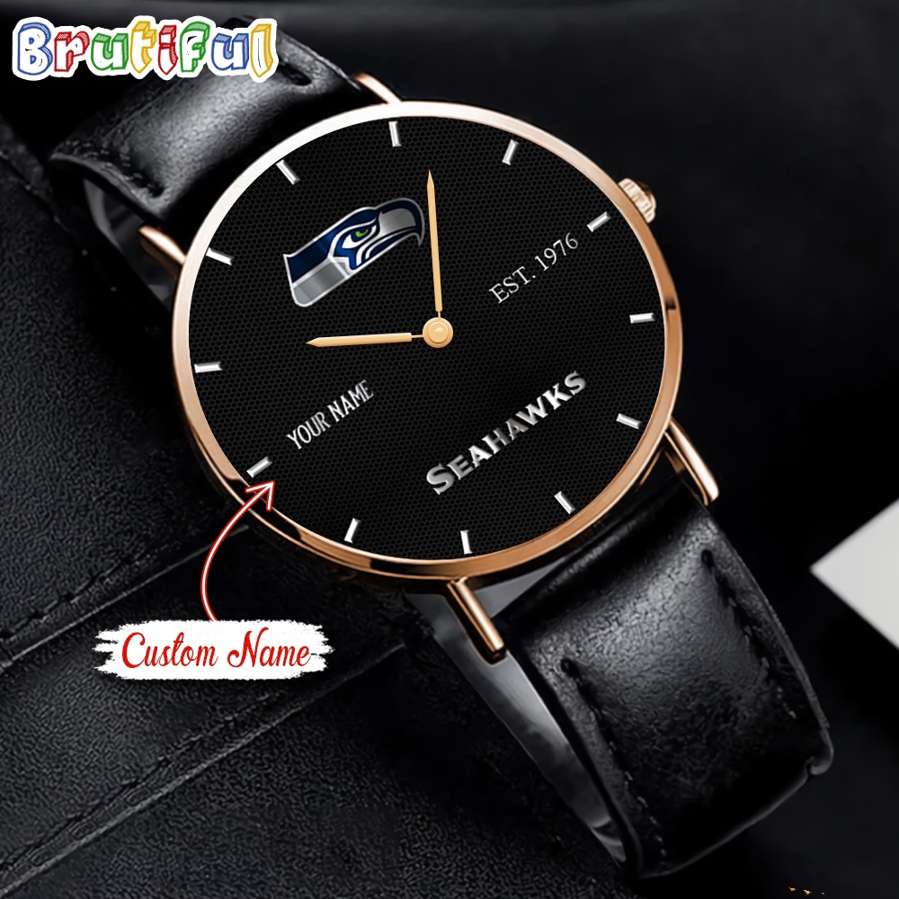 NFL Seattle Seahawks Watch Custom Name Black Stitched Leather Watch