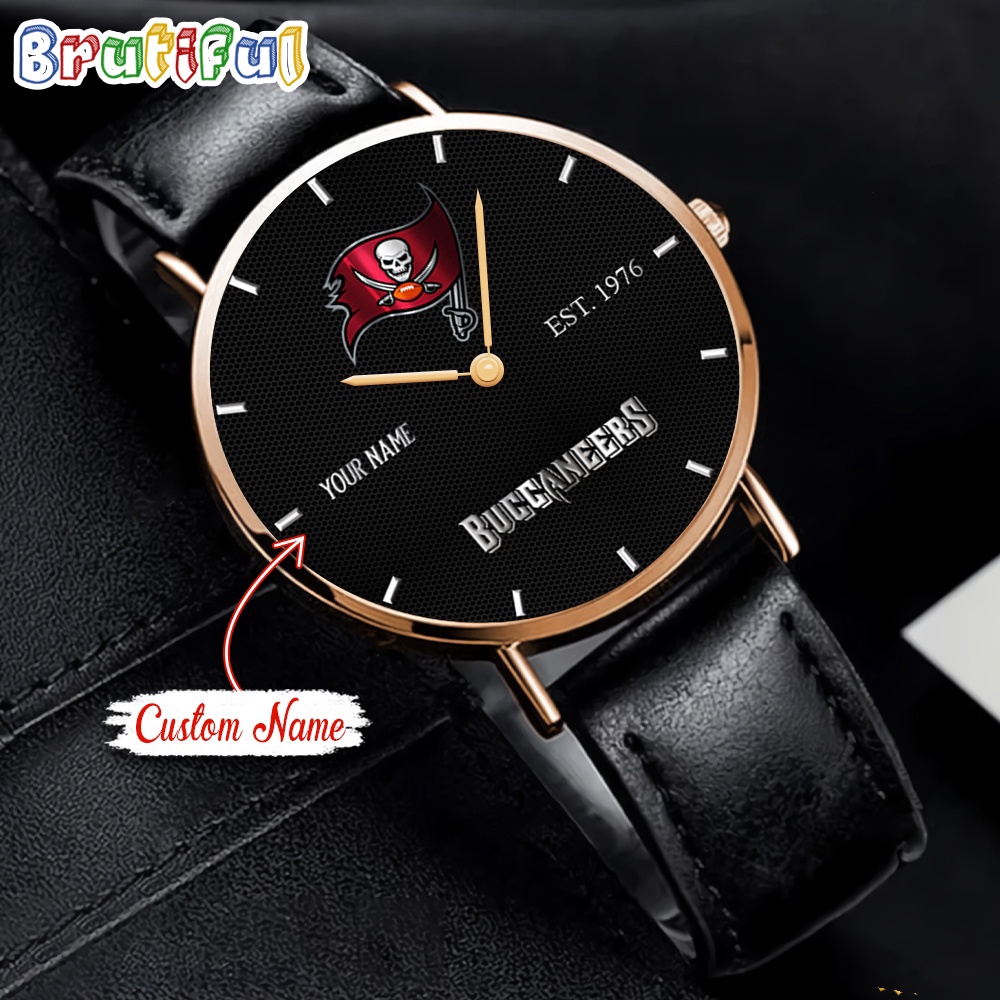 NFL Tampa Bay Buccaneers Watch Custom Name Black Stitched Leather Watch