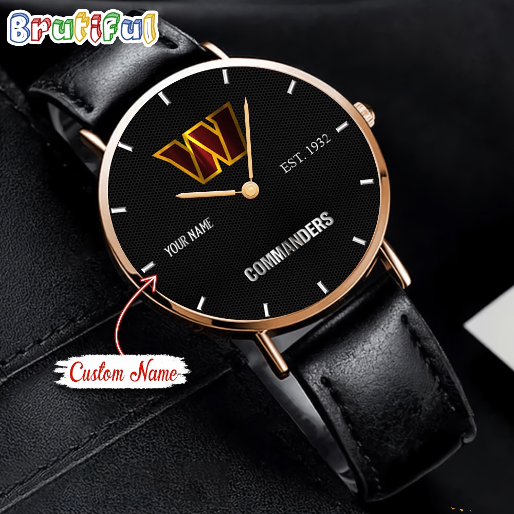 NFL Washington Commanders Watch Custom Name Black Stitched Leather Watch
