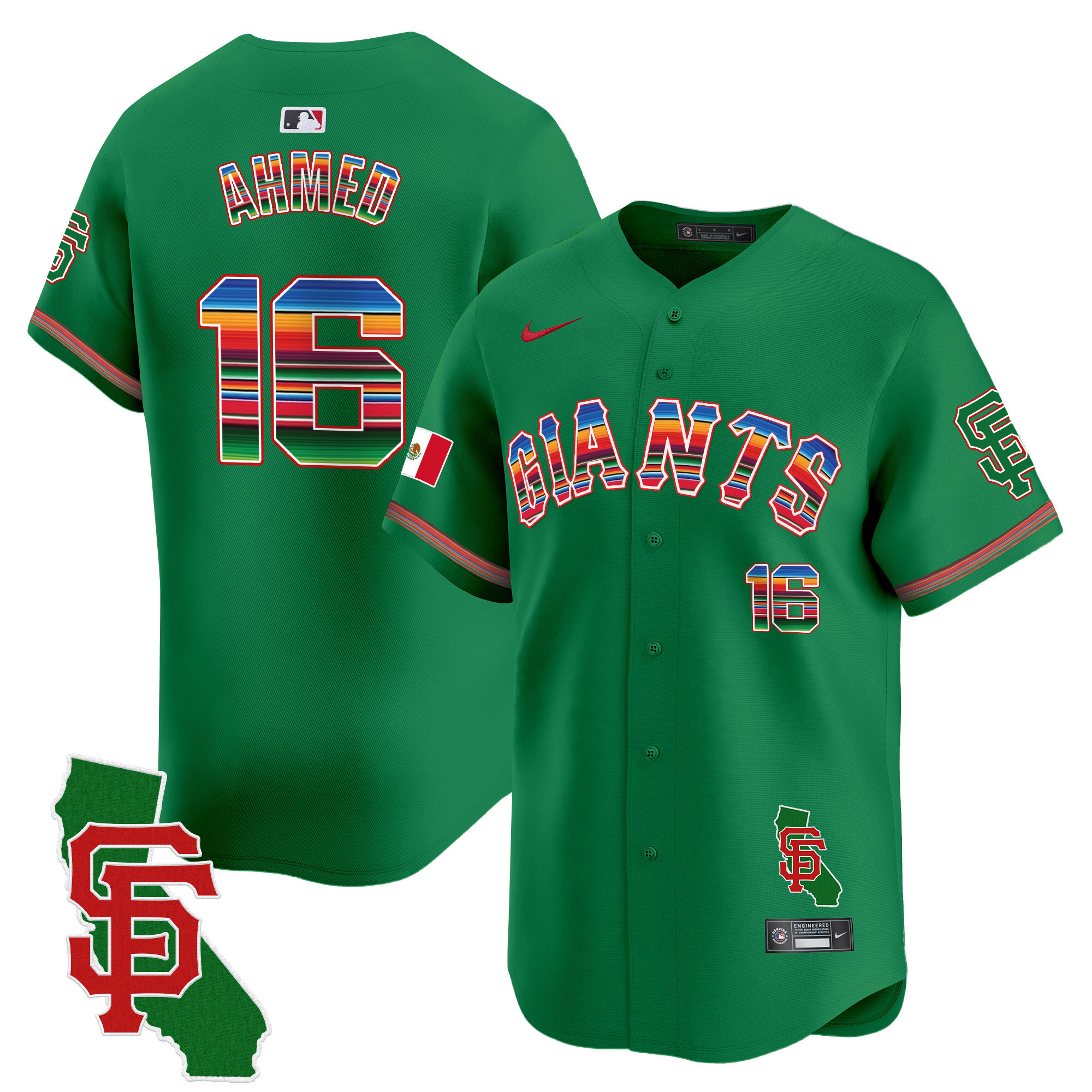 Nick Ahmed Men's San Francisco Giants Mexico California Patch Vapor Premier Limited Green Jersey - All Stitched
