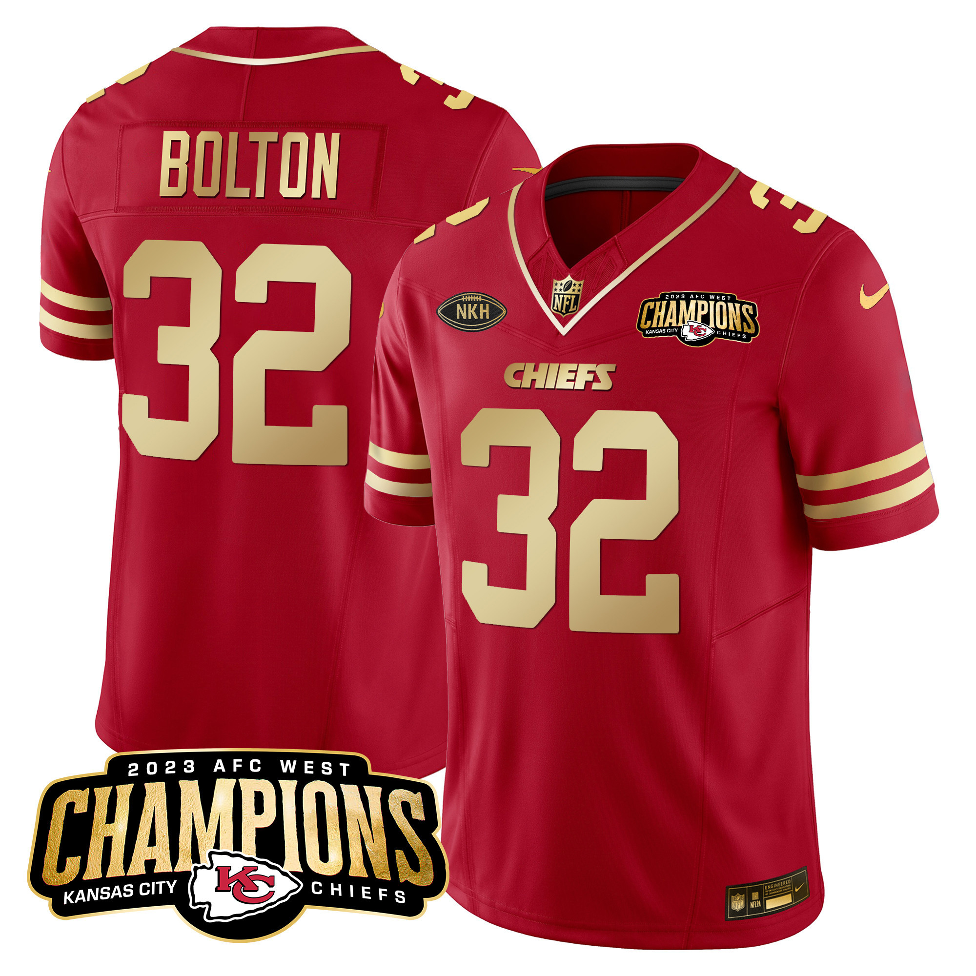 Nick Bolton Men's Kansas City Chiefs 2023 AFC West Champions Patch Vapor Limited Red Gold Jersey - All Stitched 