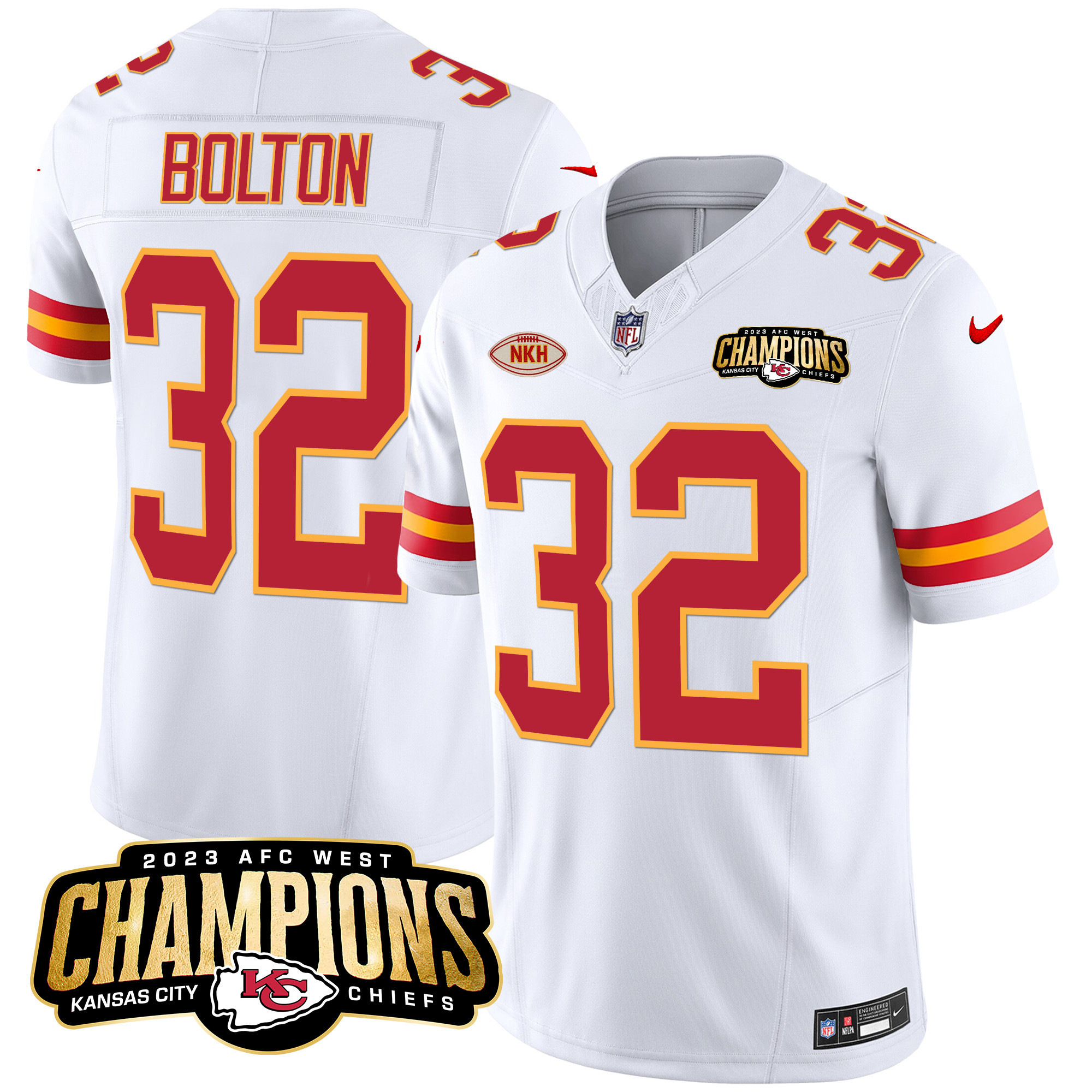 Nick Bolton Men's Kansas City Chiefs 2023 AFC West Champions Patch Vapor Limited White Jersey - All Stitched 