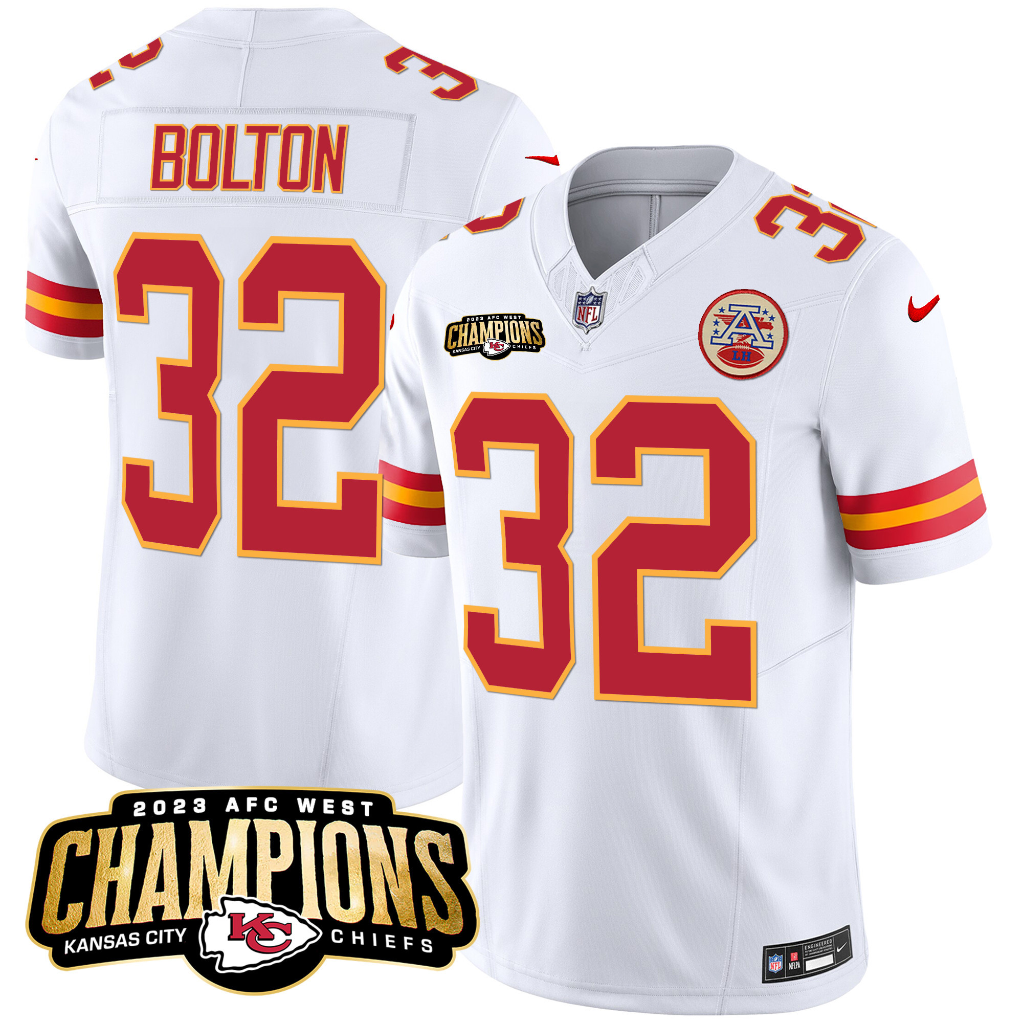 Nick Bolton Men's Kansas City Chiefs 2023 AFC West Champions Patch Vapor Limited White Jersey - All Stitched 