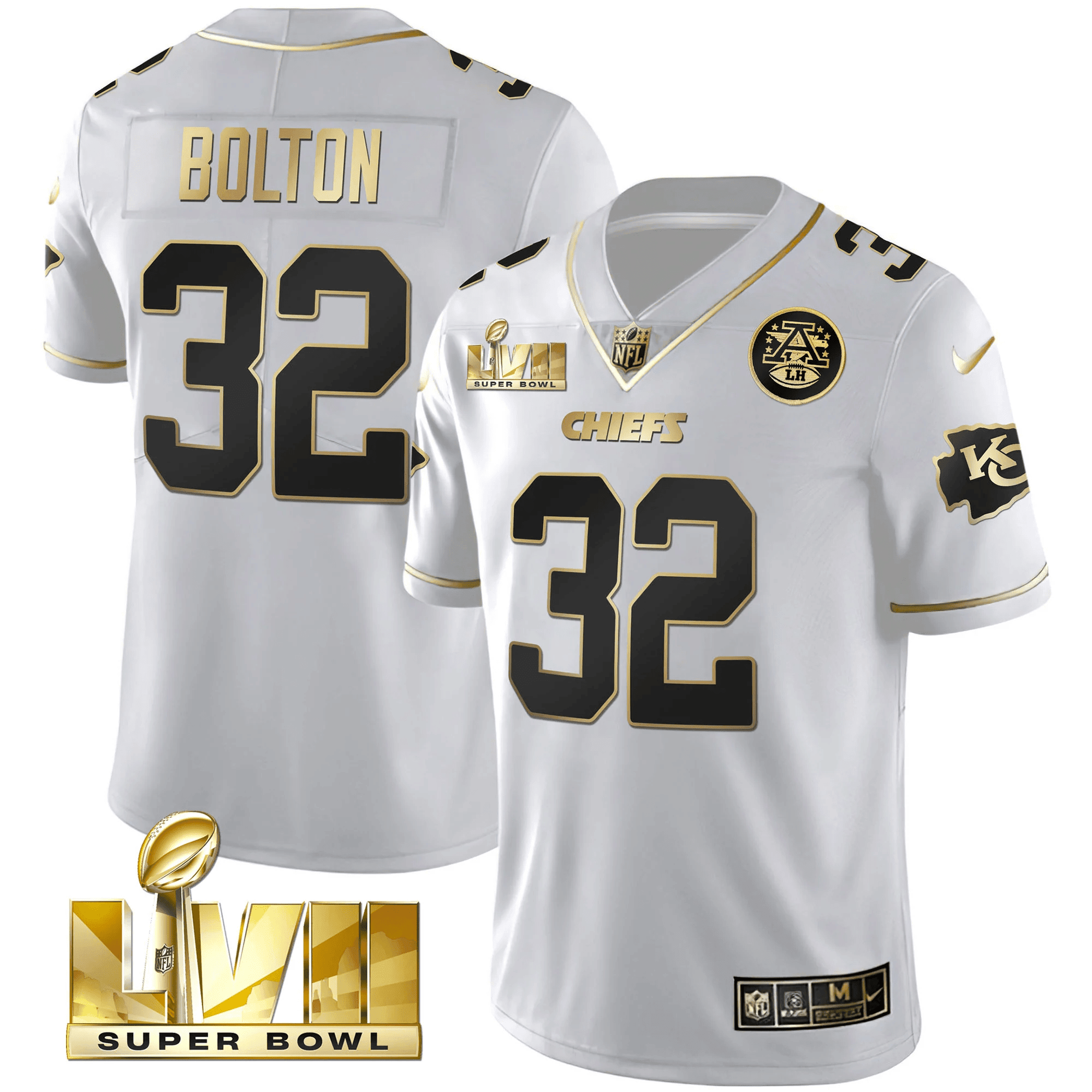 Nick Bolton Men's Kansas City Chiefs Super Bowl LVII Gold Trim Vapor V2 White Gold Jersey - All Stitched 