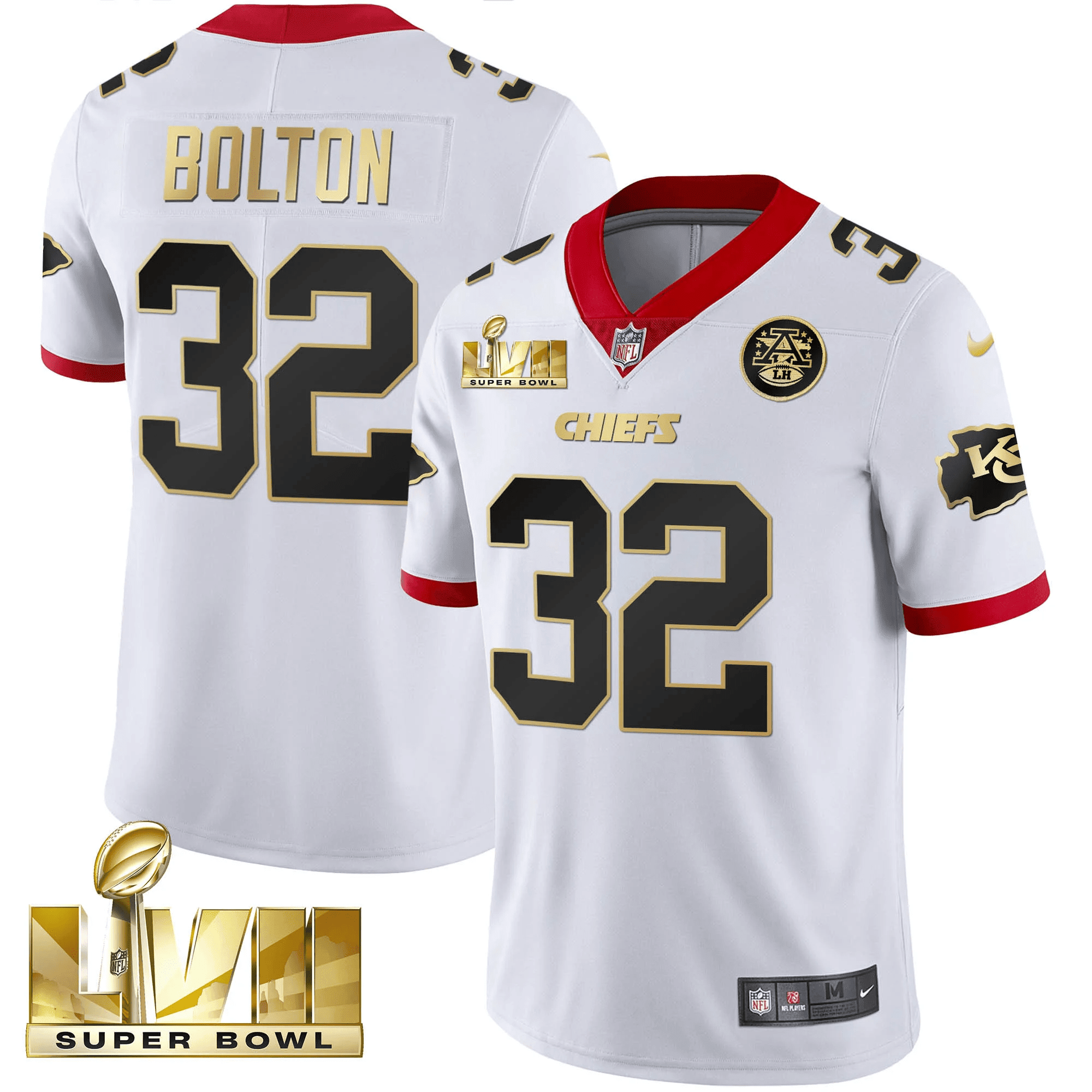 Nick Bolton Men's Kansas City Chiefs Super Bowl LVII Gold Trim Vapor V2 White Jersey - All Stitched 