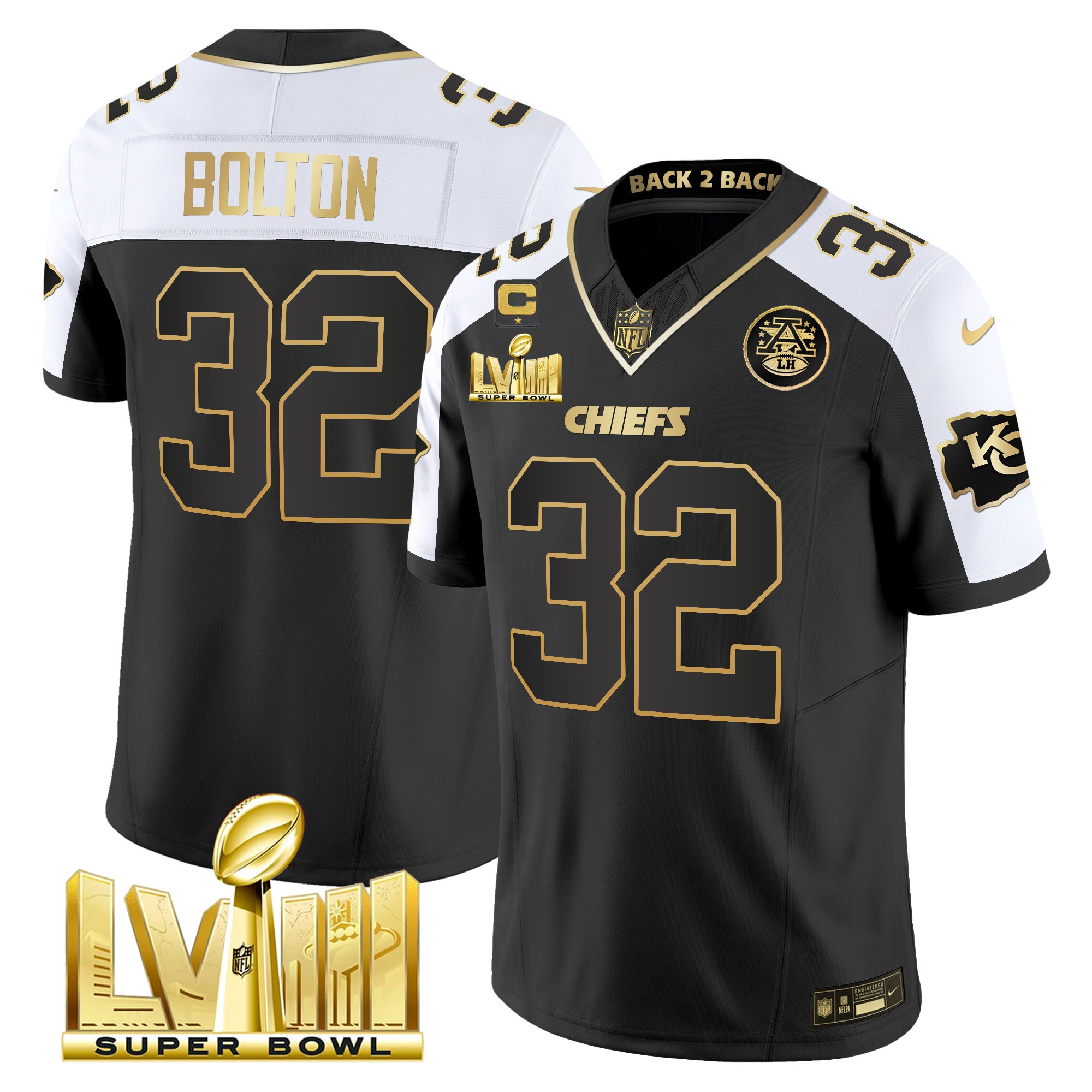 Nick Bolton Men's Kansas City Chiefs Super Bowl LVIII & Back 2 Back Gold Patch Vapor Alternate Jersey - All Stitched 
