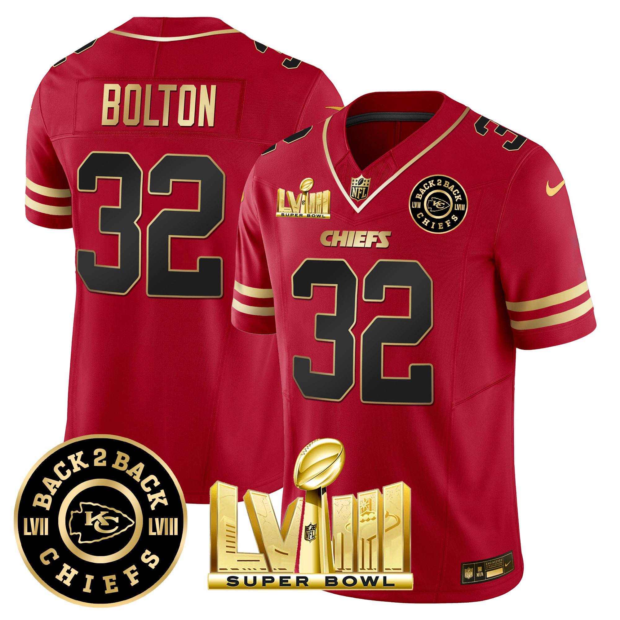 Nick Bolton Men's Kansas City Chiefs Super Bowl LVIII & Back 2 Back Patch Vapor Black Red Jersey - All Stitched 