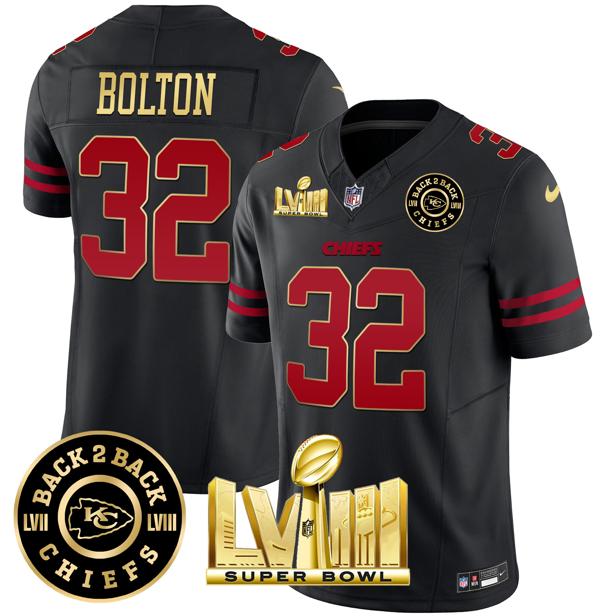 Nick Bolton Men's Kansas City Chiefs Super Bowl LVIII & Back 2 Back Patch Vapor Gold Trim Jersey - All Stitched 