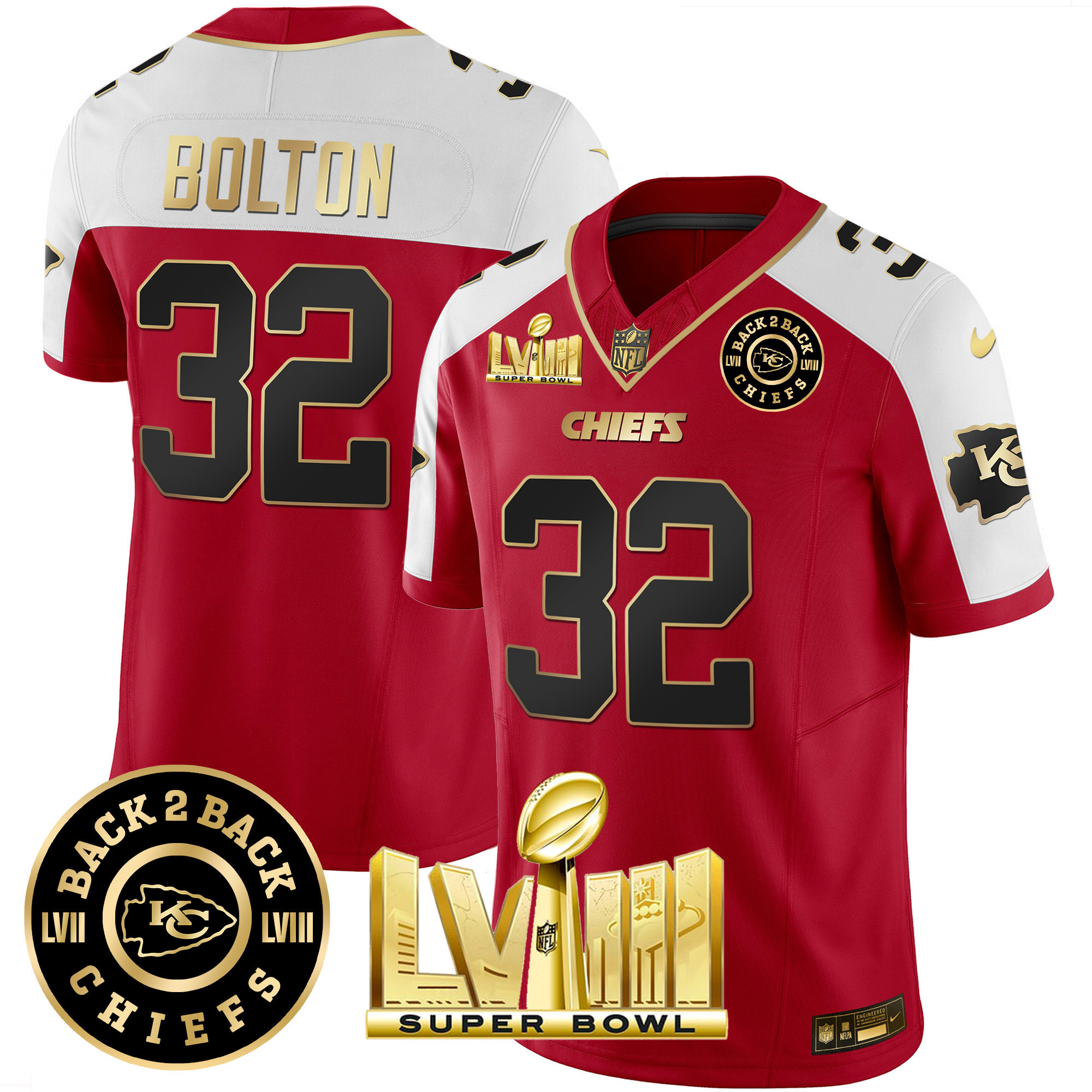 Nick Bolton Men's Kansas City Chiefs Super Bowl LVIII & Back 2 Back Patch Vapor Red Alternate Jersey - All Stitched 