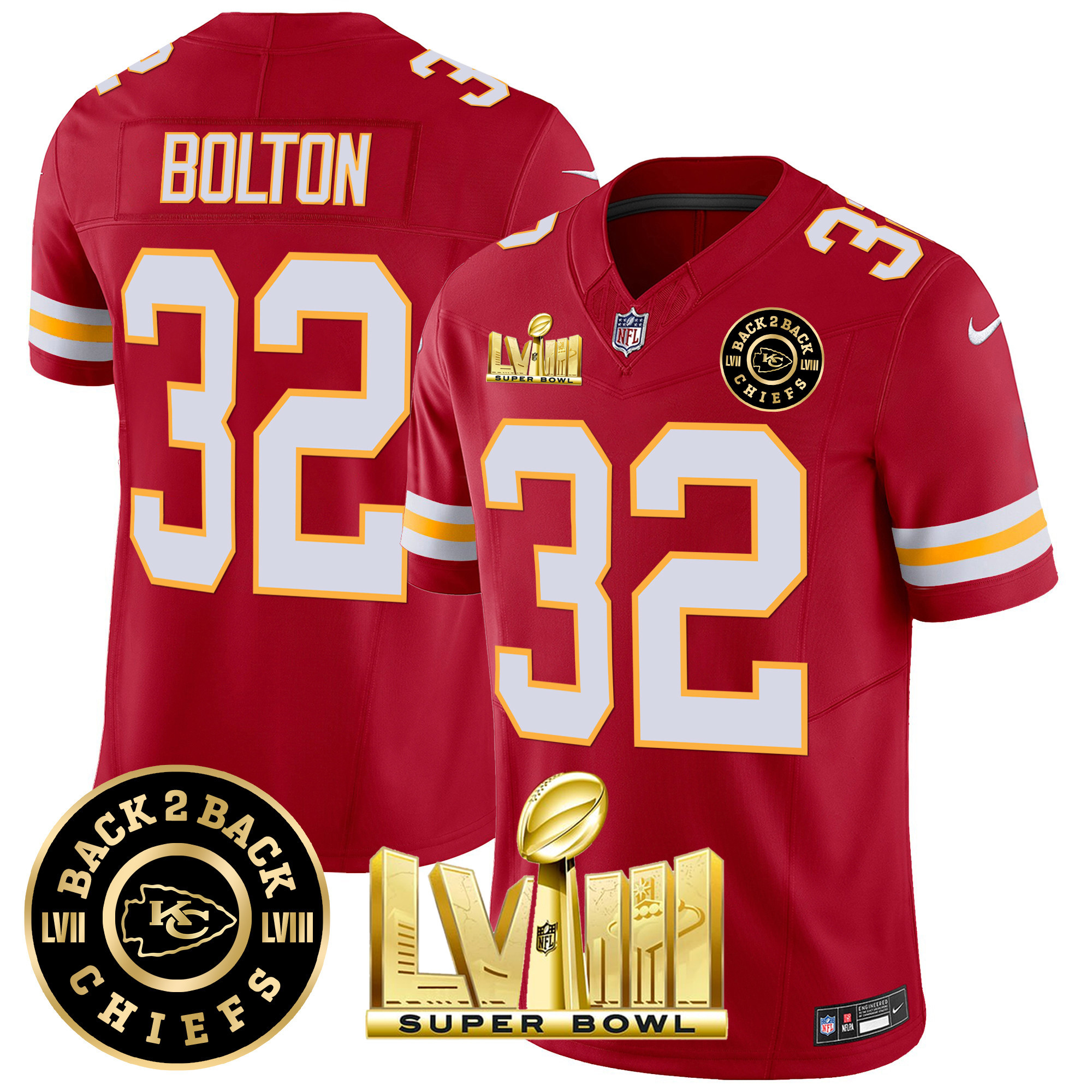 Nick Bolton Men's Kansas City Chiefs Super Bowl LVIII & Back 2 Back Patch Vapor Red Jersey - All Stitched 