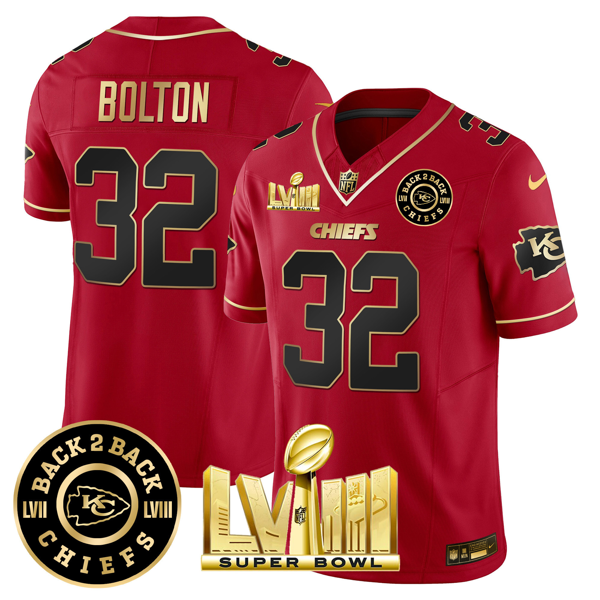 Nick Bolton Men's Kansas City Chiefs Super Bowl LVIII & Back 2 Back Patch Vapor Red Special Jersey - All Stitched 