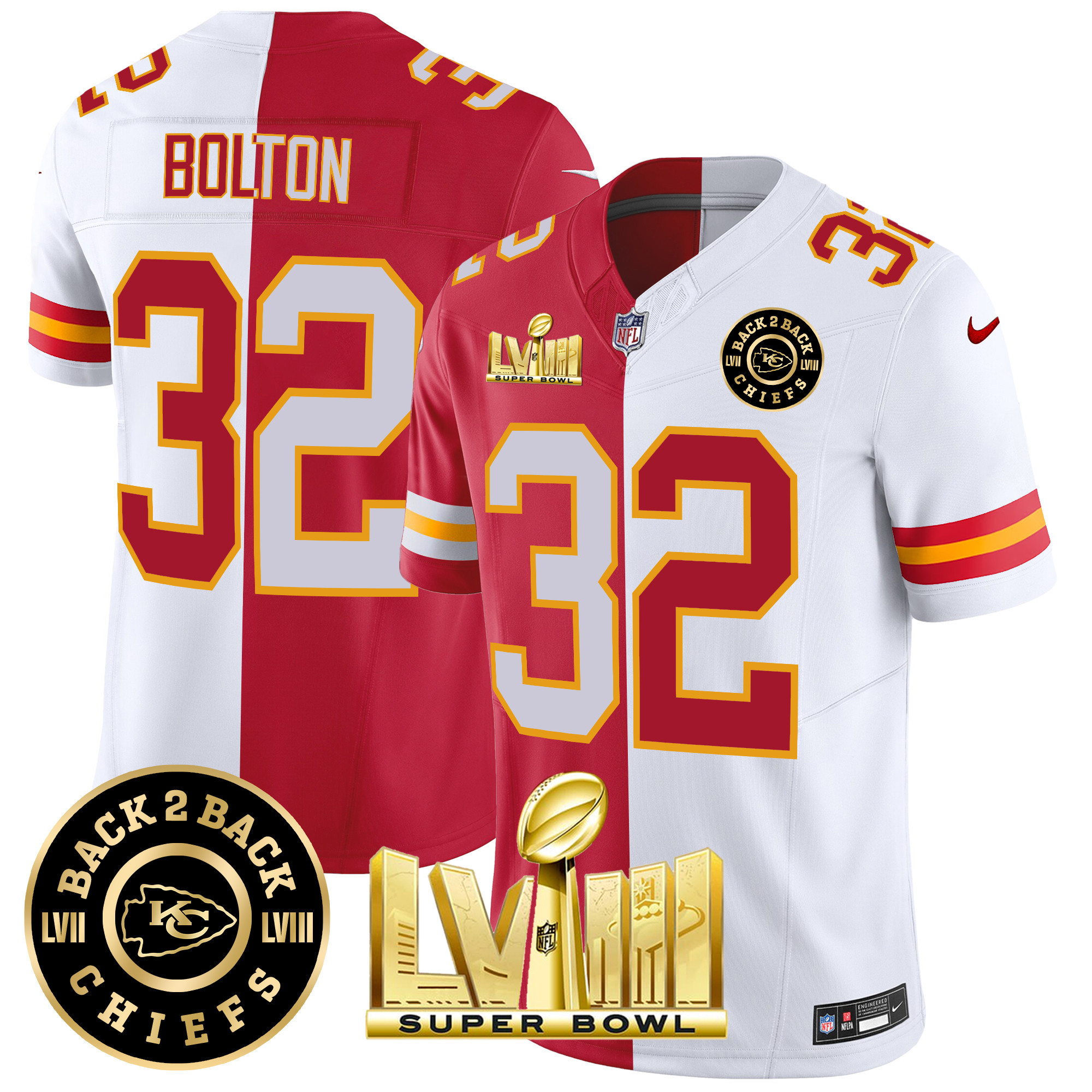 Nick Bolton Men's Kansas City Chiefs Super Bowl LVIII & Back 2 Back Patch Vapor Split Jersey - All Stitched 