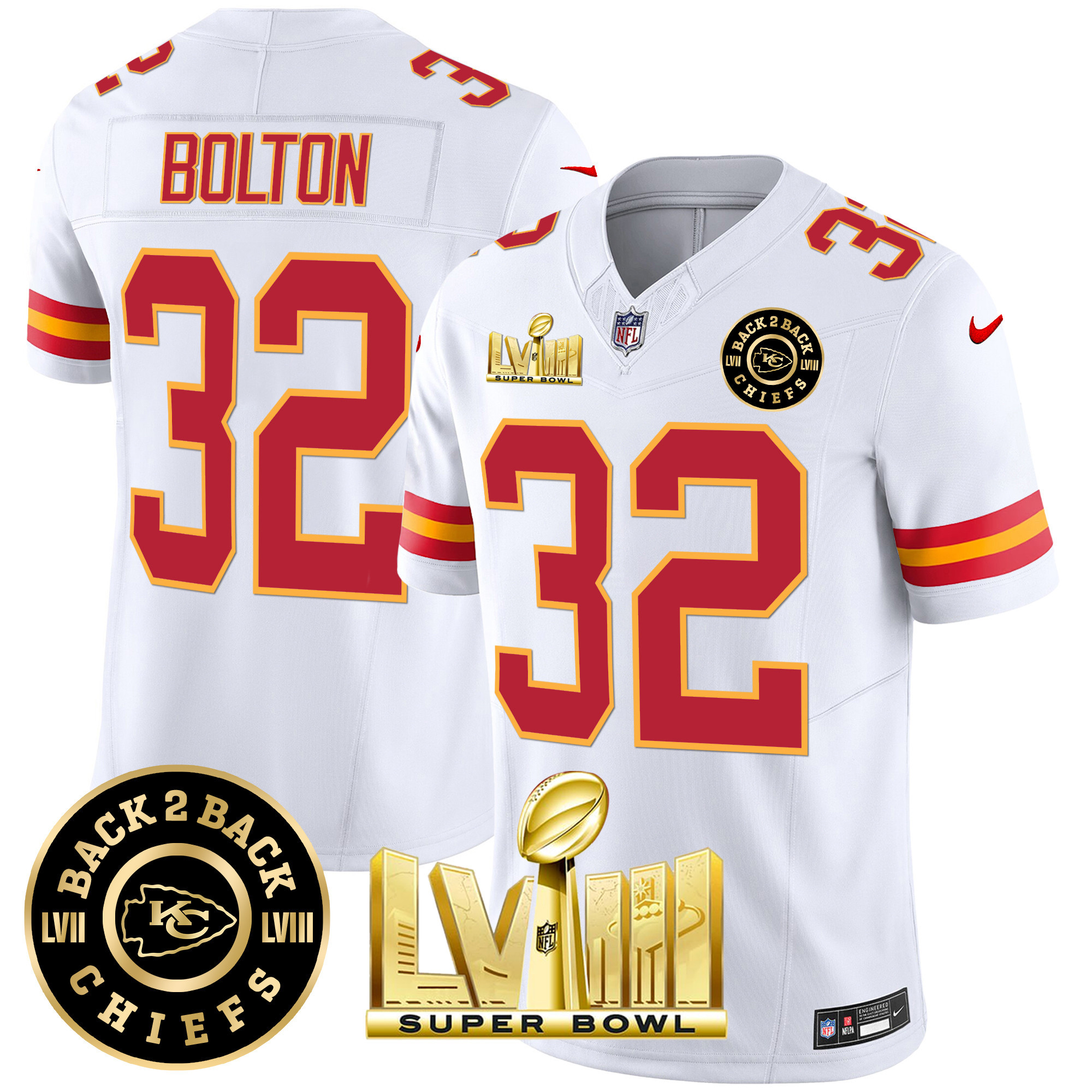 Nick Bolton Men's Kansas City Chiefs Super Bowl LVIII & Back 2 Back Patch Vapor White Jersey - All Stitched 
