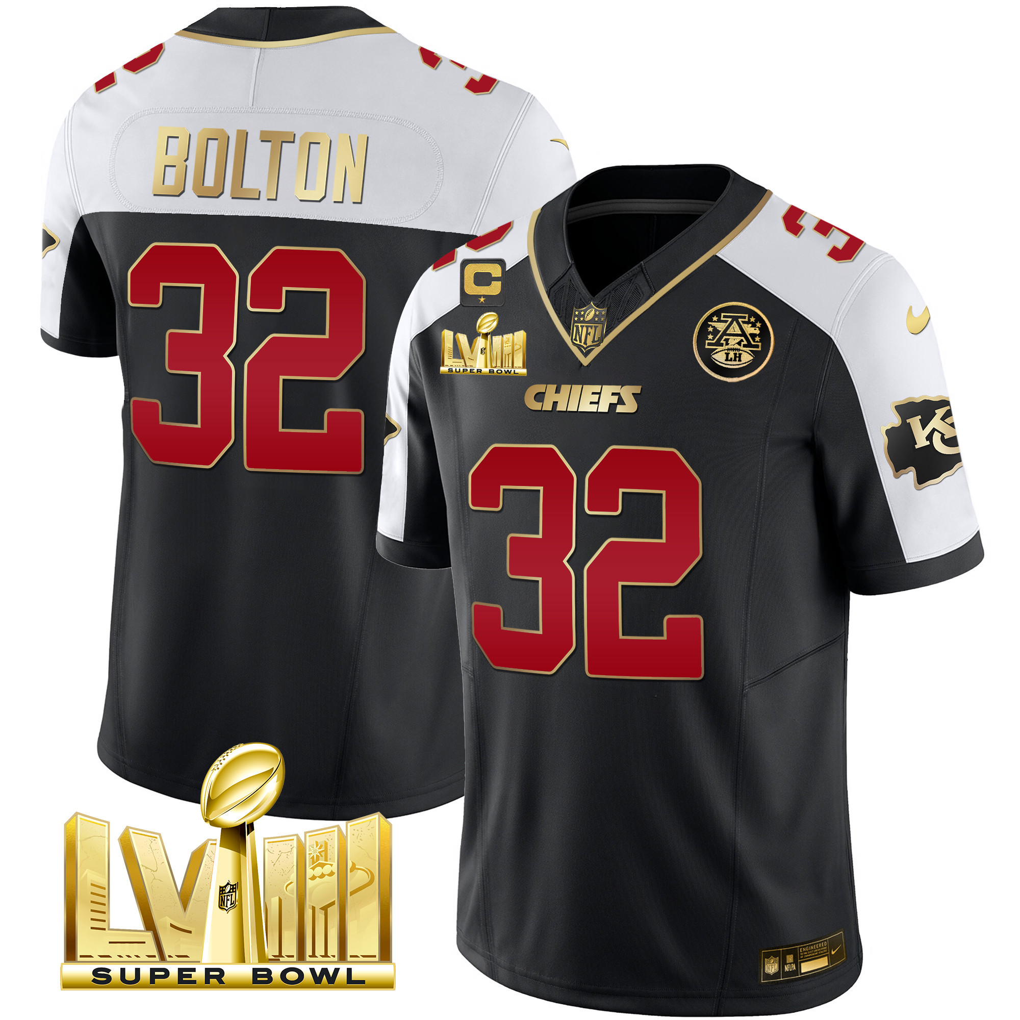 Nick Bolton Men's Kansas City Chiefs Super Bowl LVIII Gold Patch Vapor Black Alternate Jersey - All Stitched 
