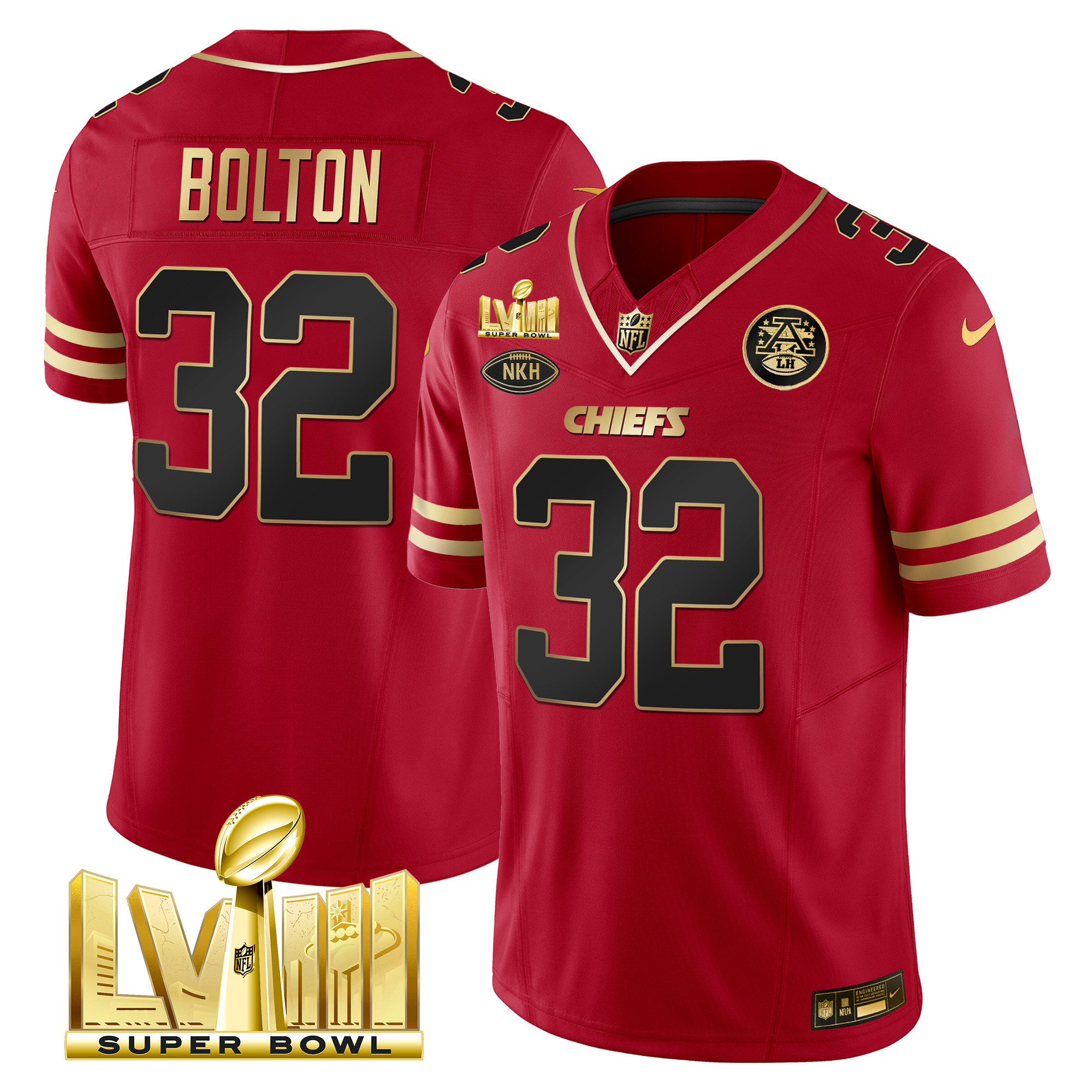 Nick Bolton Men's Kansas City Chiefs Super Bowl LVIII Gold Patch Vapor Black Red Jersey - All Stitched 