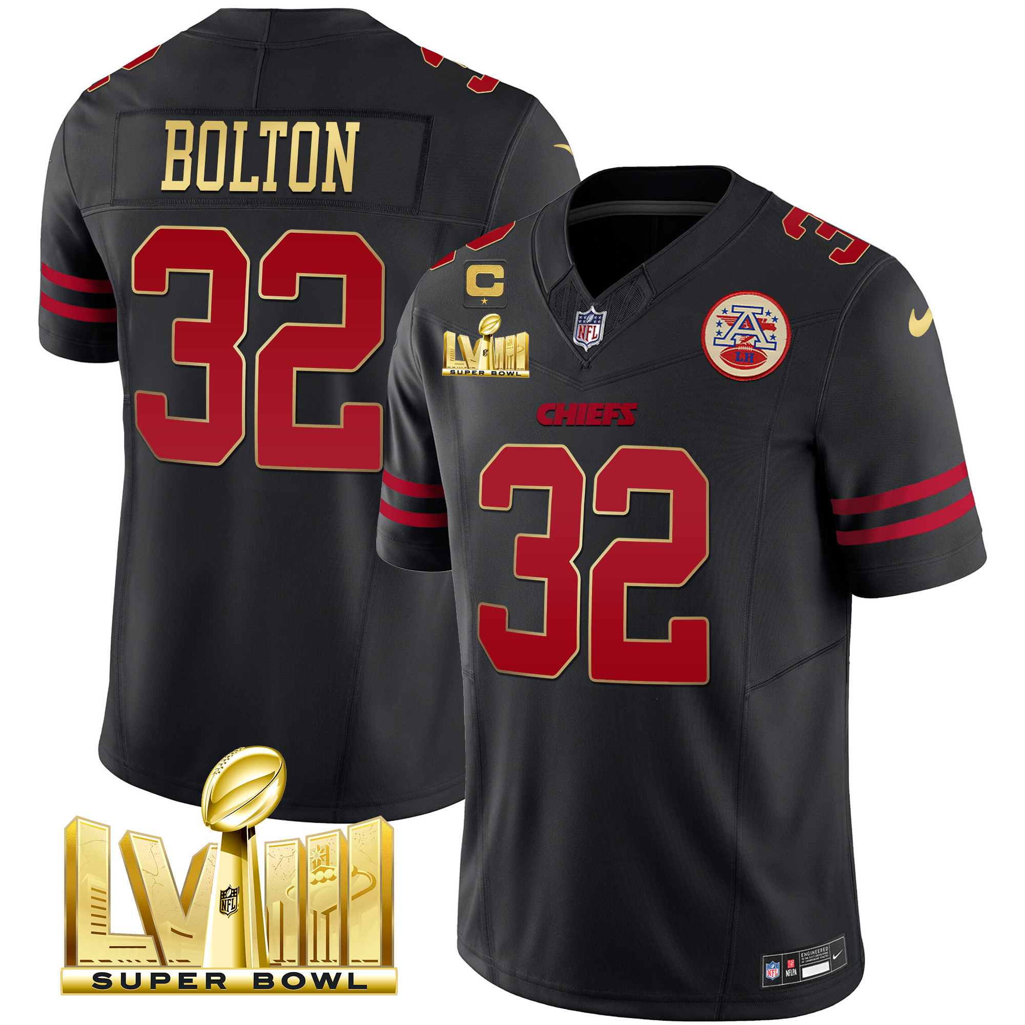 Nick Bolton Men's Kansas City Chiefs Super Bowl LVIII Gold Patch Vapor Gold Trim Jersey - All Stitched 